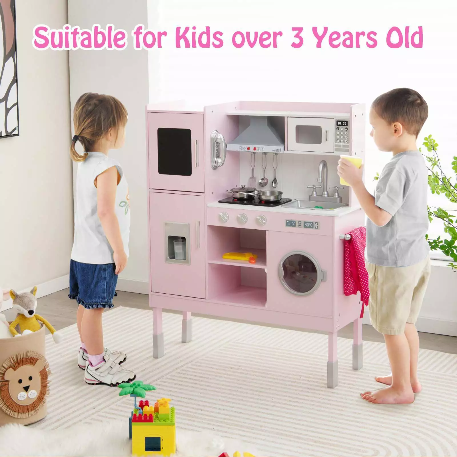 Kids Pretend Play Kitchen Wooden Kitchen Toy Playset w/Real Sounds & Lights Pink - Image 4