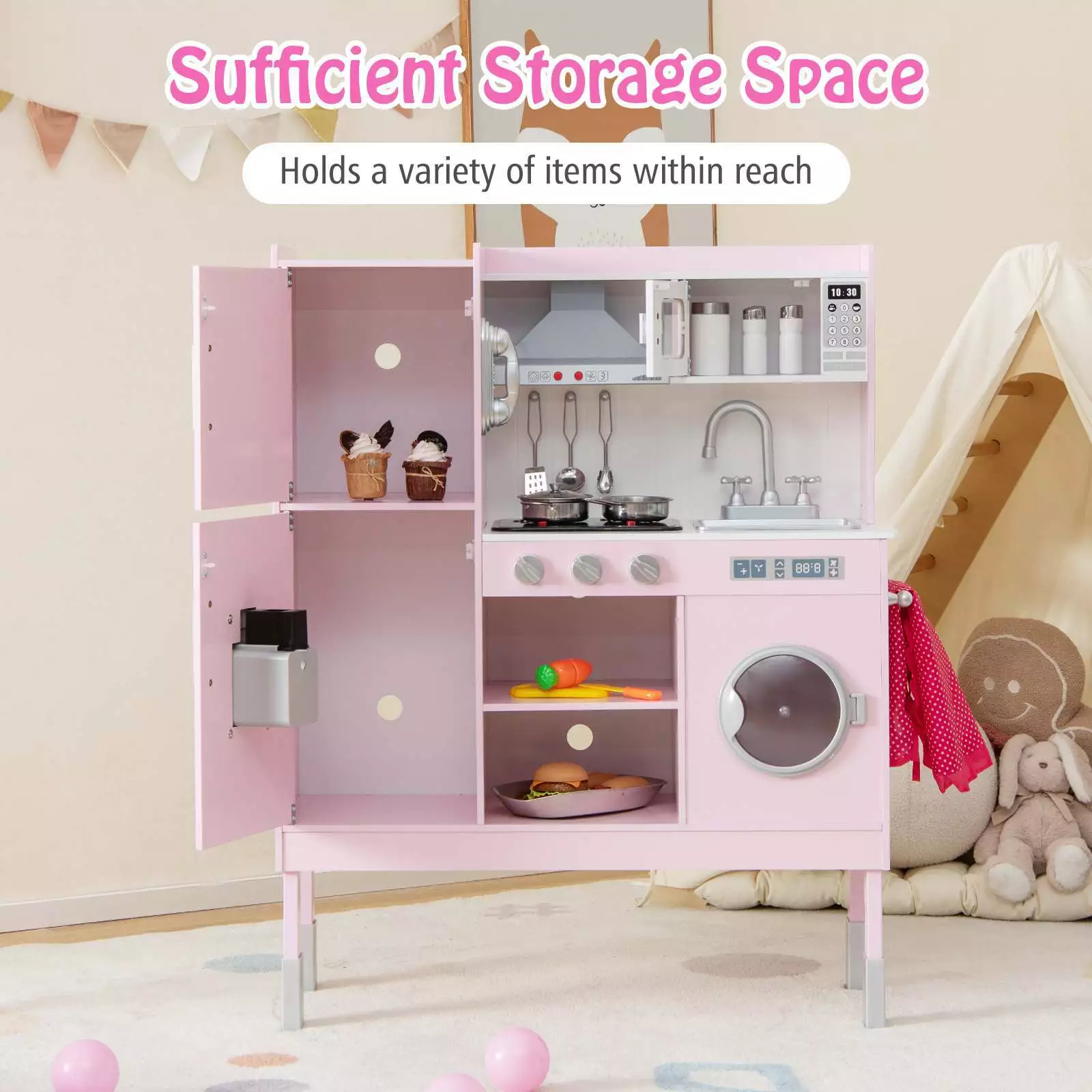 Kids Pretend Play Kitchen Wooden Kitchen Toy Playset w/Real Sounds & Lights Pink - Image 6