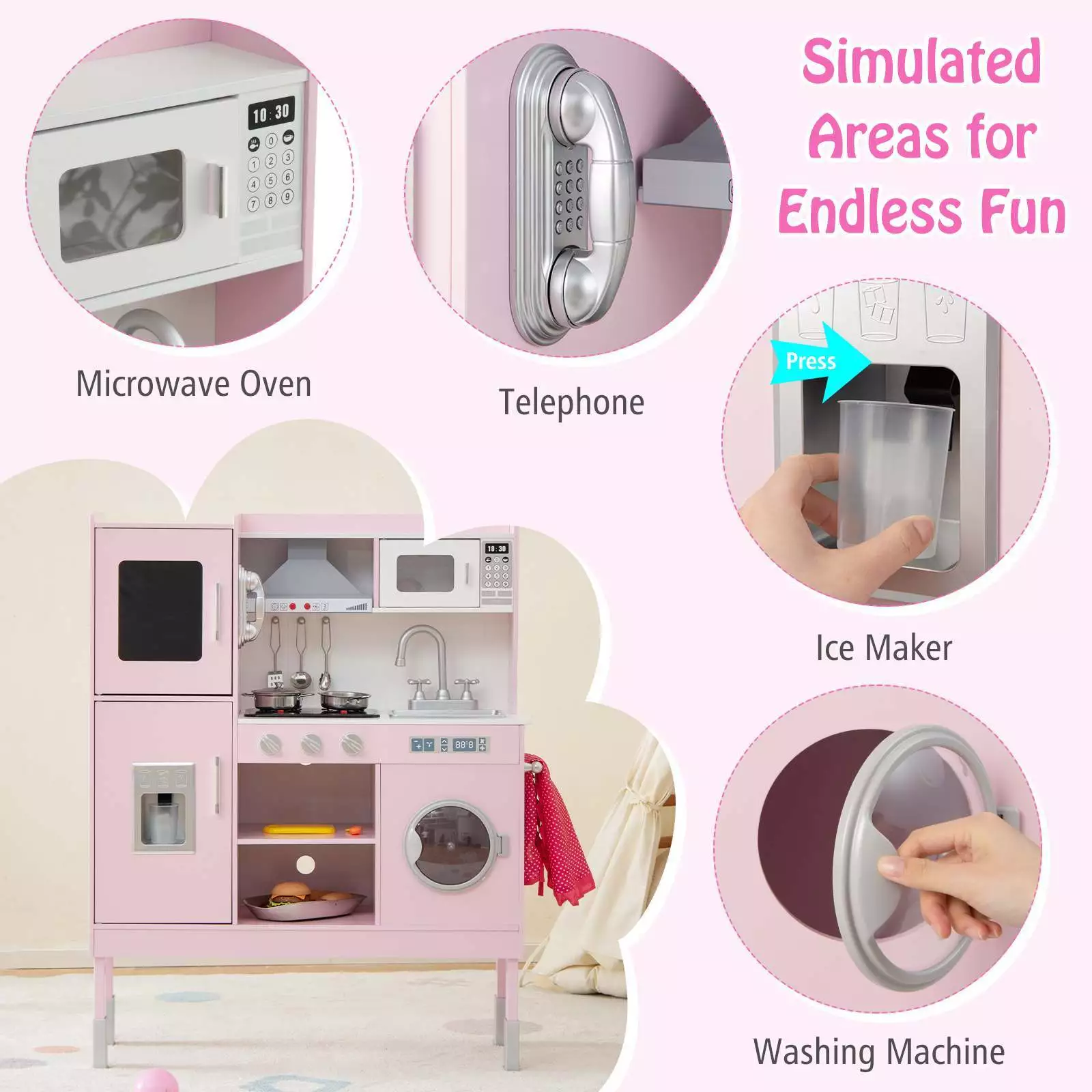 Kids Pretend Play Kitchen Wooden Kitchen Toy Playset w/Real Sounds & Lights Pink - Image 8