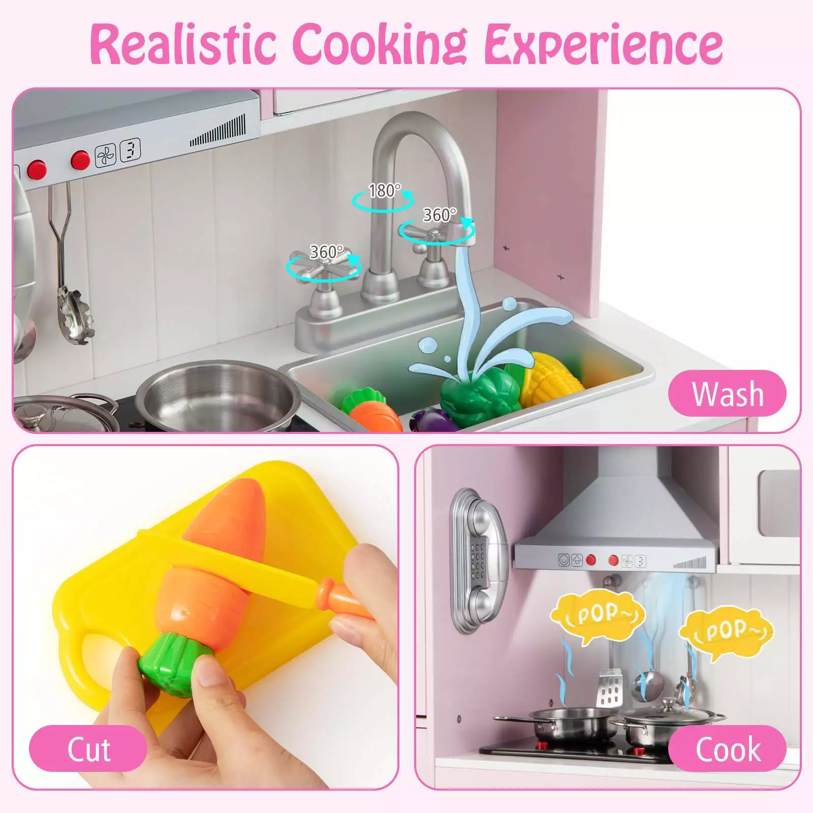 Kids Pretend Play Kitchen Wooden Kitchen Toy Playset w/Real Sounds & Lights Pink - Image 9