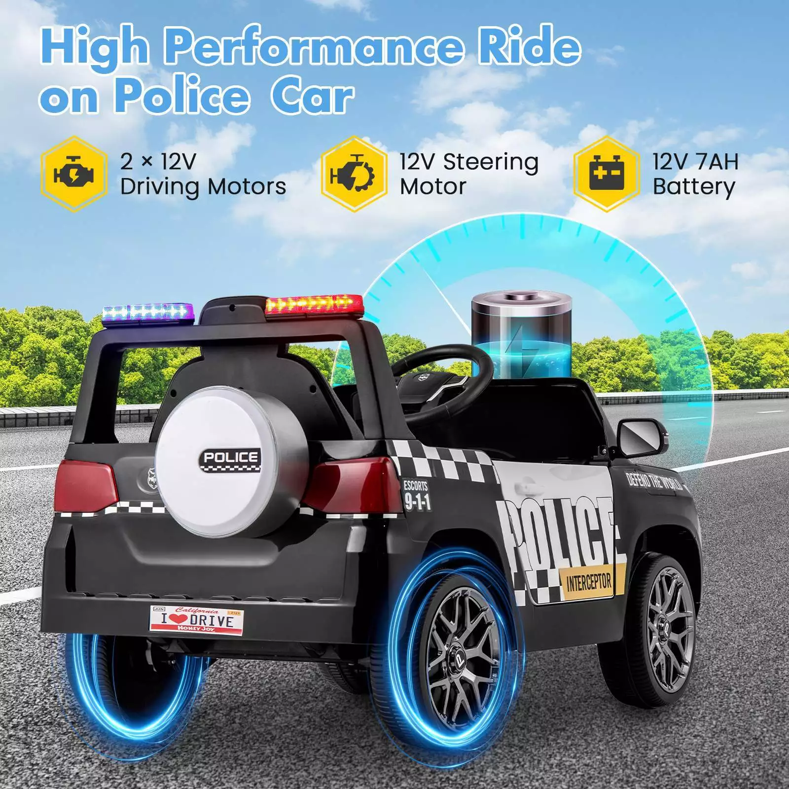 Kids Ride on Police Car 12V Electric Battery Powered Cop Car Flashing Lights - Image 7
