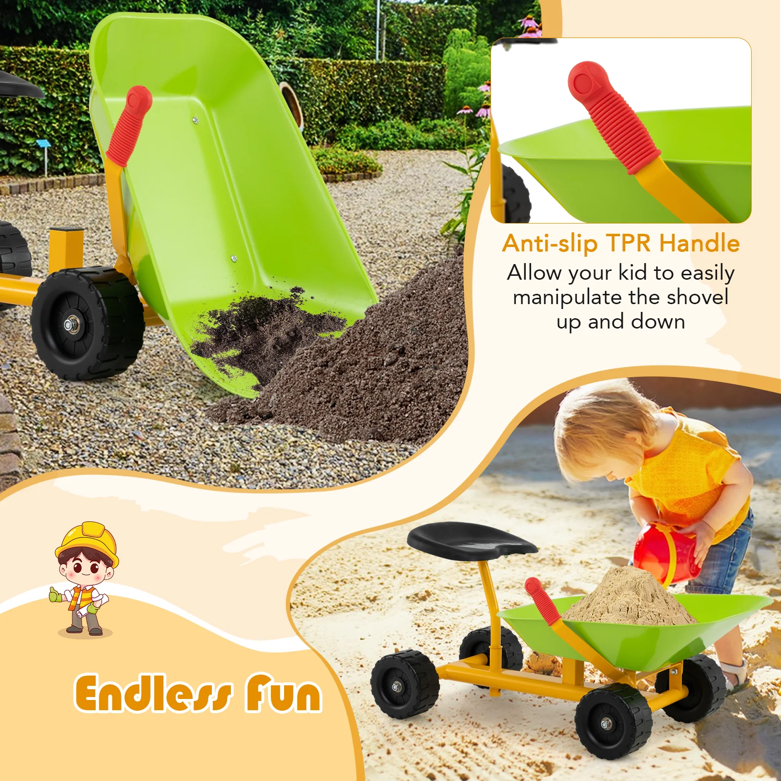 Kids Ride-On Sand Dumper, Outdoor Sandbox Toy with Controllable Shovel and 4 Wheels - Image 3