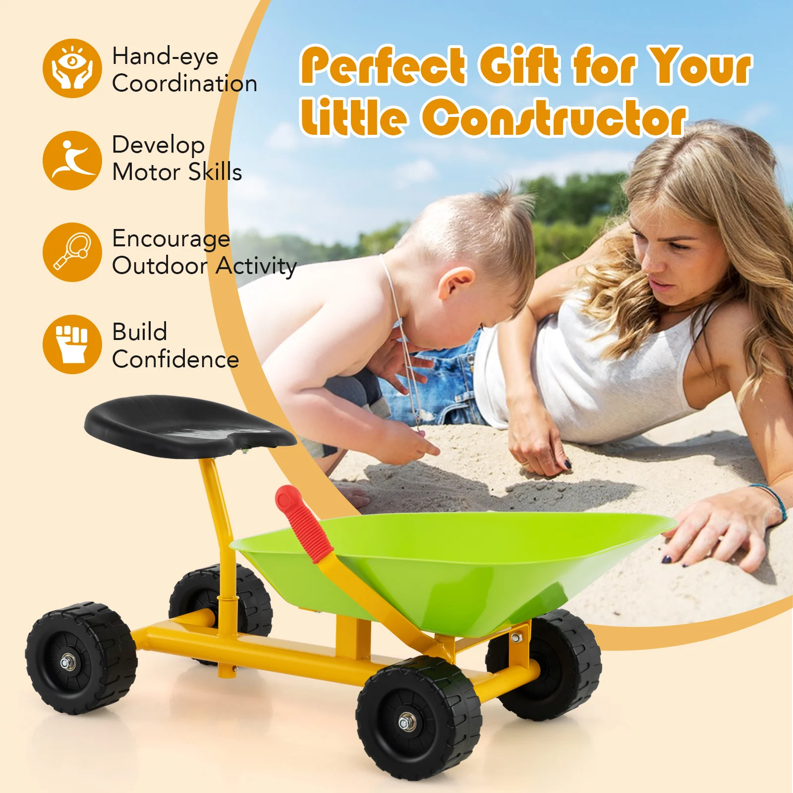 Kids Ride-On Sand Dumper, Outdoor Sandbox Toy with Controllable Shovel and 4 Wheels - Image 6
