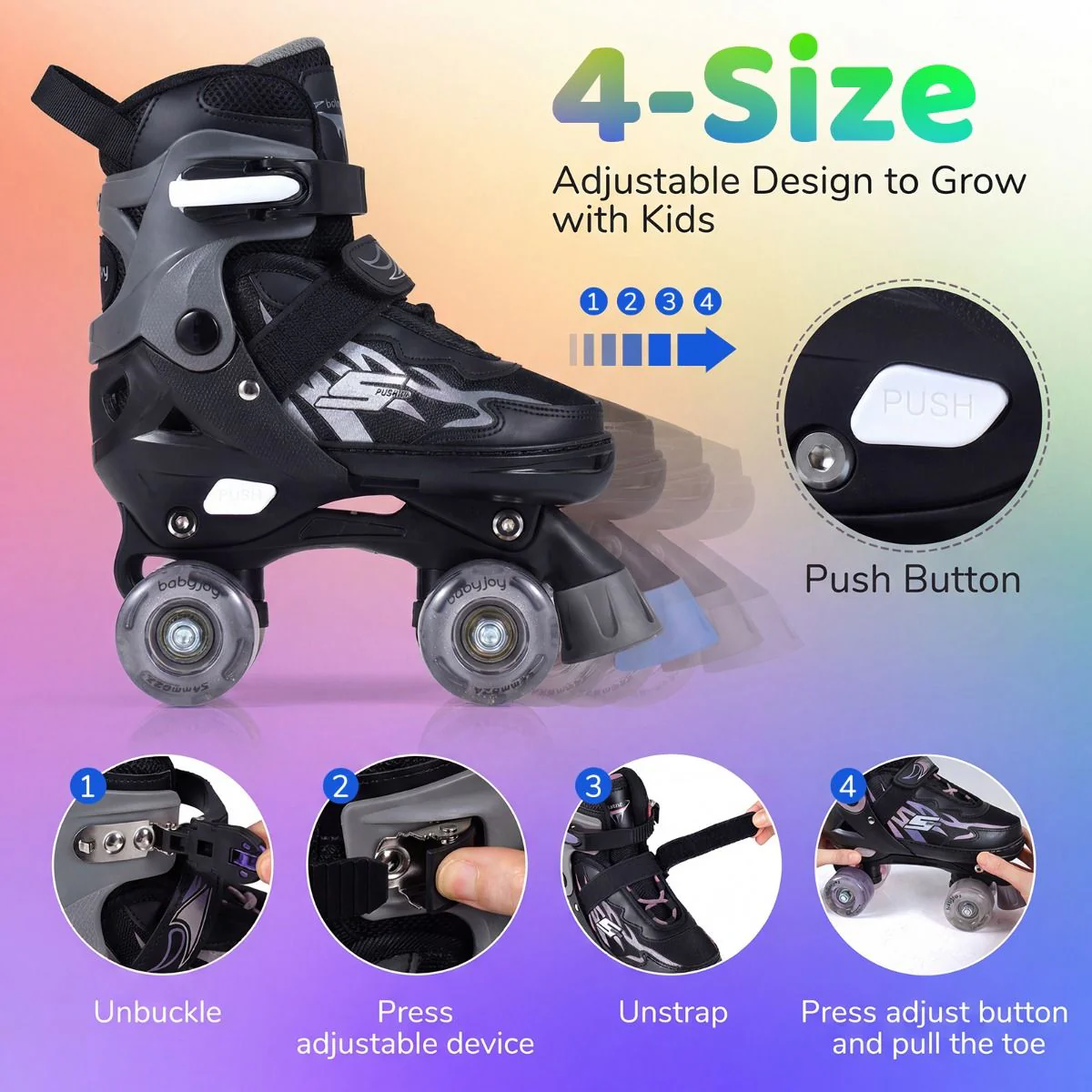 Kids Roller Skates for Teens 4 Sizes Adjustable Quad Skates for Beginners - Image 4
