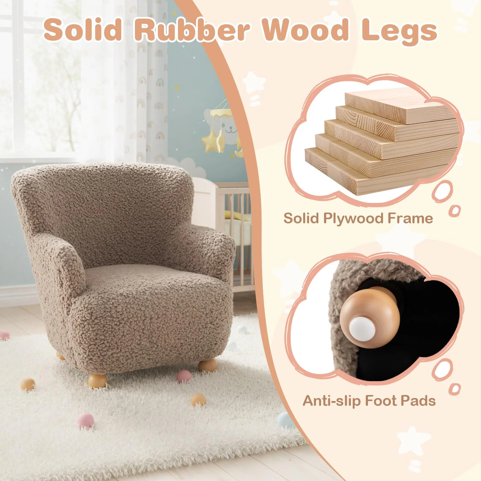 Kids Sofa, Comfy Toddler Armchair with Solid Rubber Wood Legs - Image 6