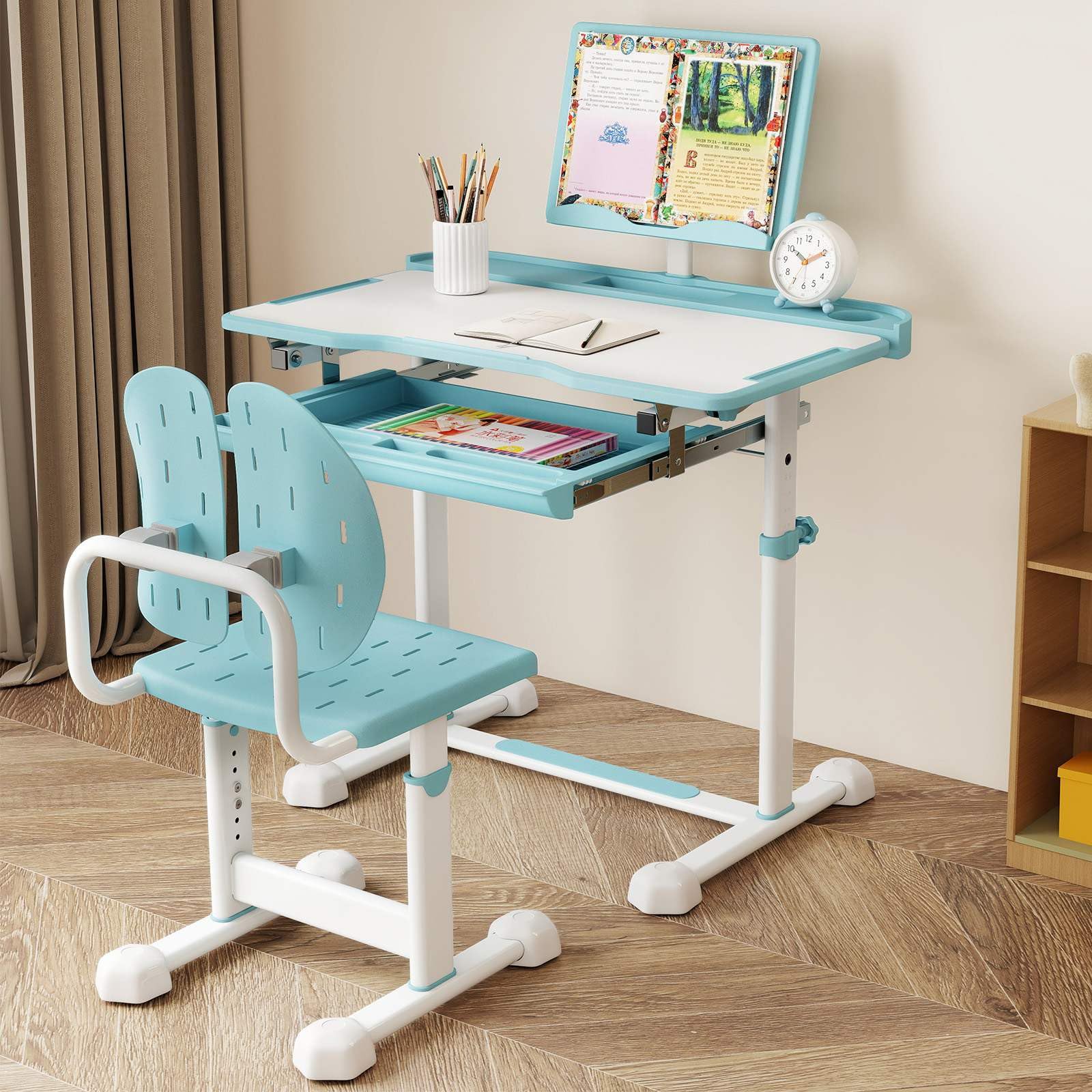 Kid's Study Desk and Chair Set Height-Adjustable Desk with Tilt Desktop and Ergonomic Chair - Image 3