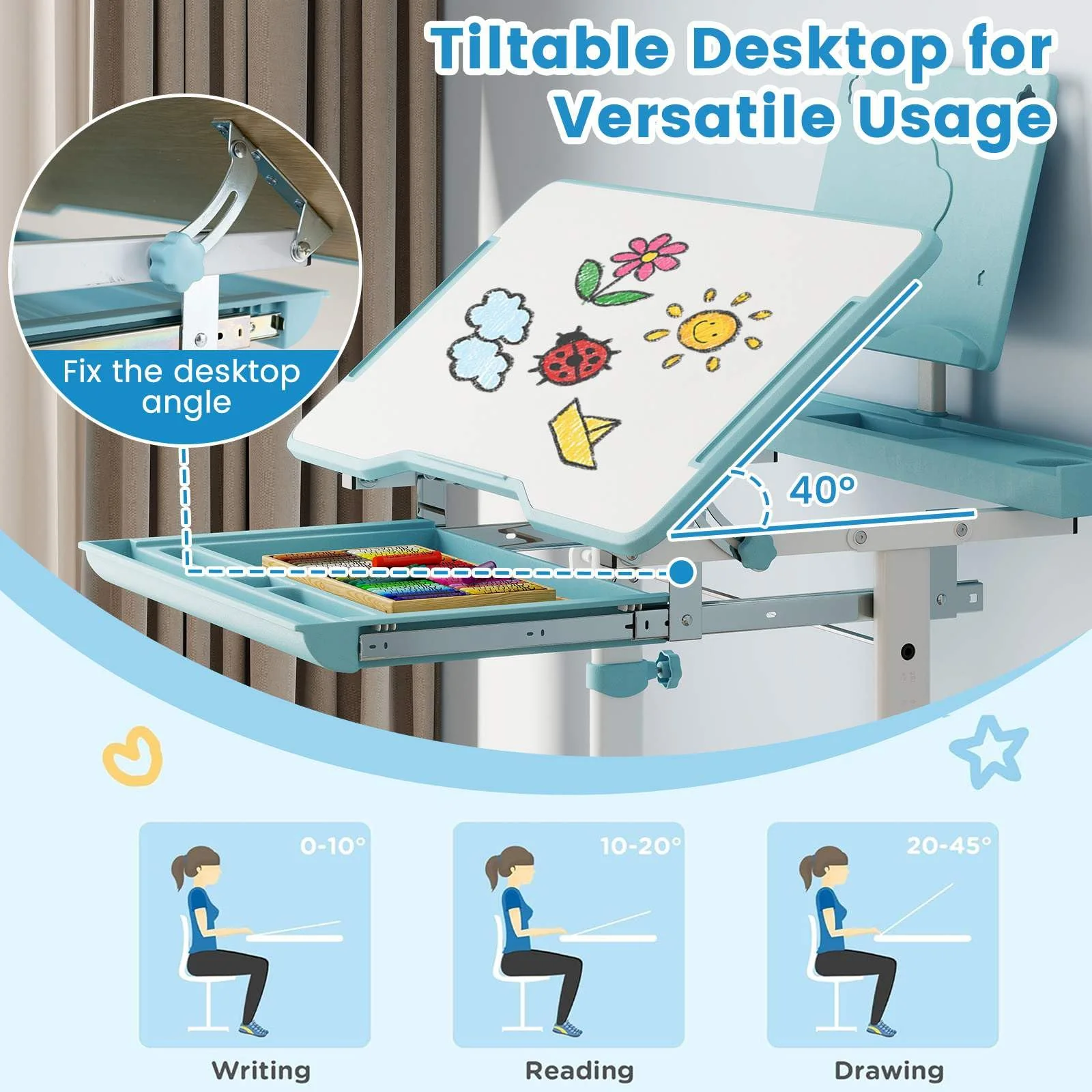 Kid's Study Desk and Chair Set Height-Adjustable Desk with Tilt Desktop and Ergonomic Chair - Image 4