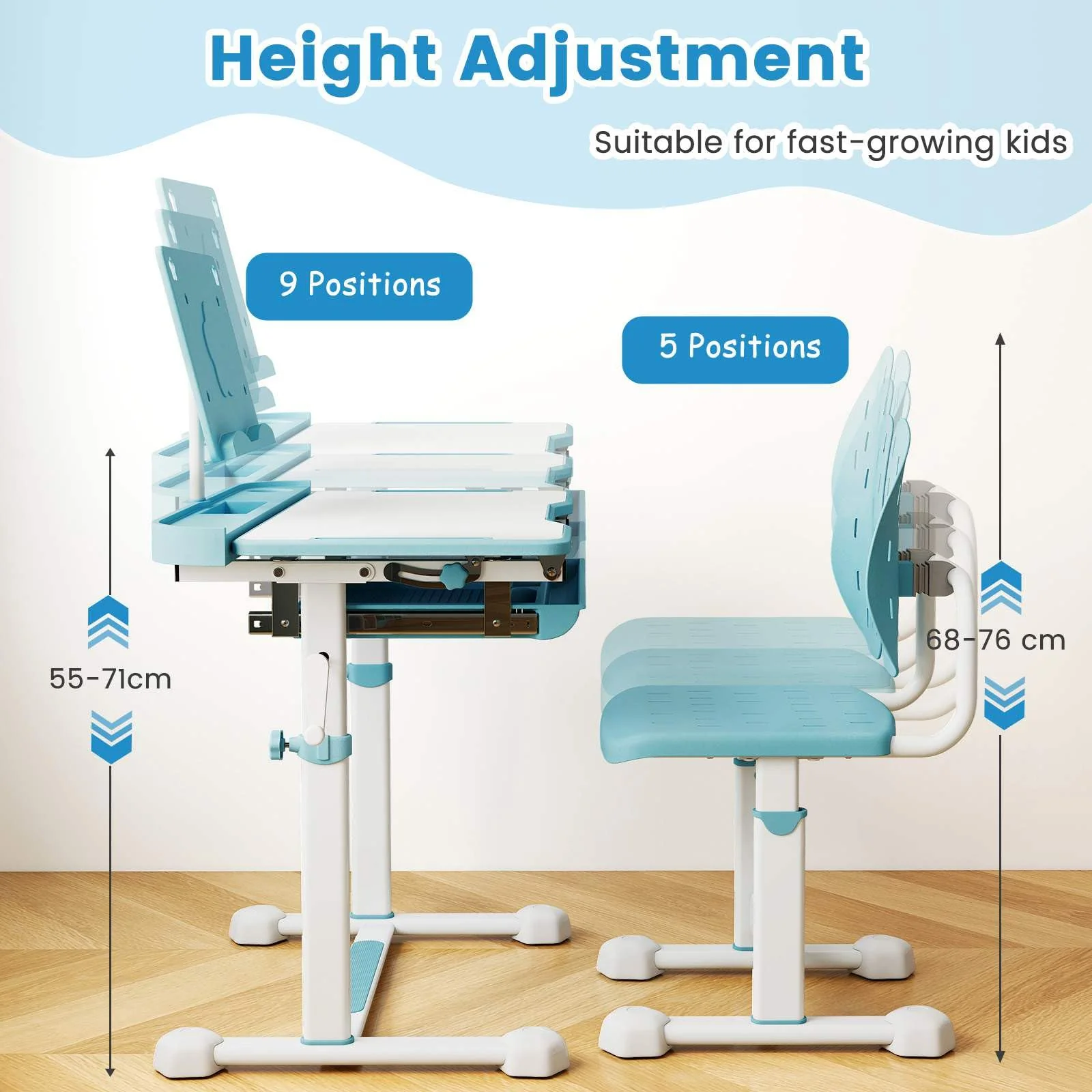 Kid's Study Desk and Chair Set Height-Adjustable Desk with Tilt Desktop and Ergonomic Chair - Image 5