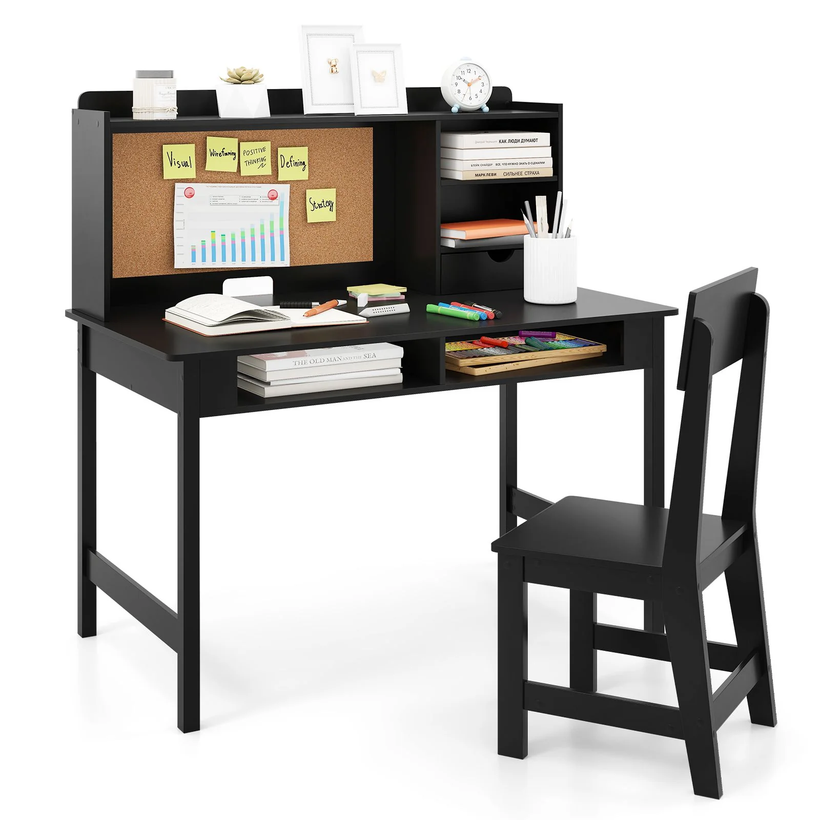 Kids Study Desk and Chair Set Wooden Writing Table with Cork Board and Drawer