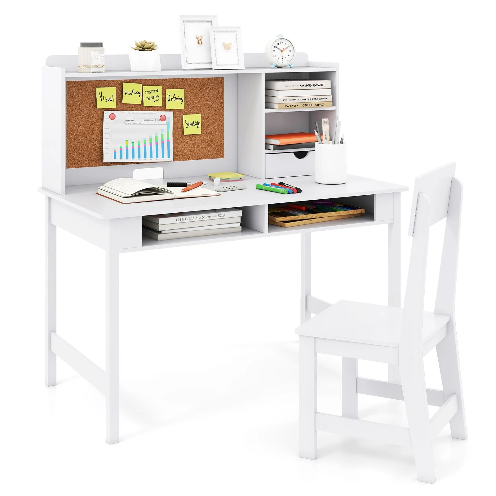 Kids Study Desk and Chair Set Wooden Writing Table with Cork Board and Drawer - Image 10