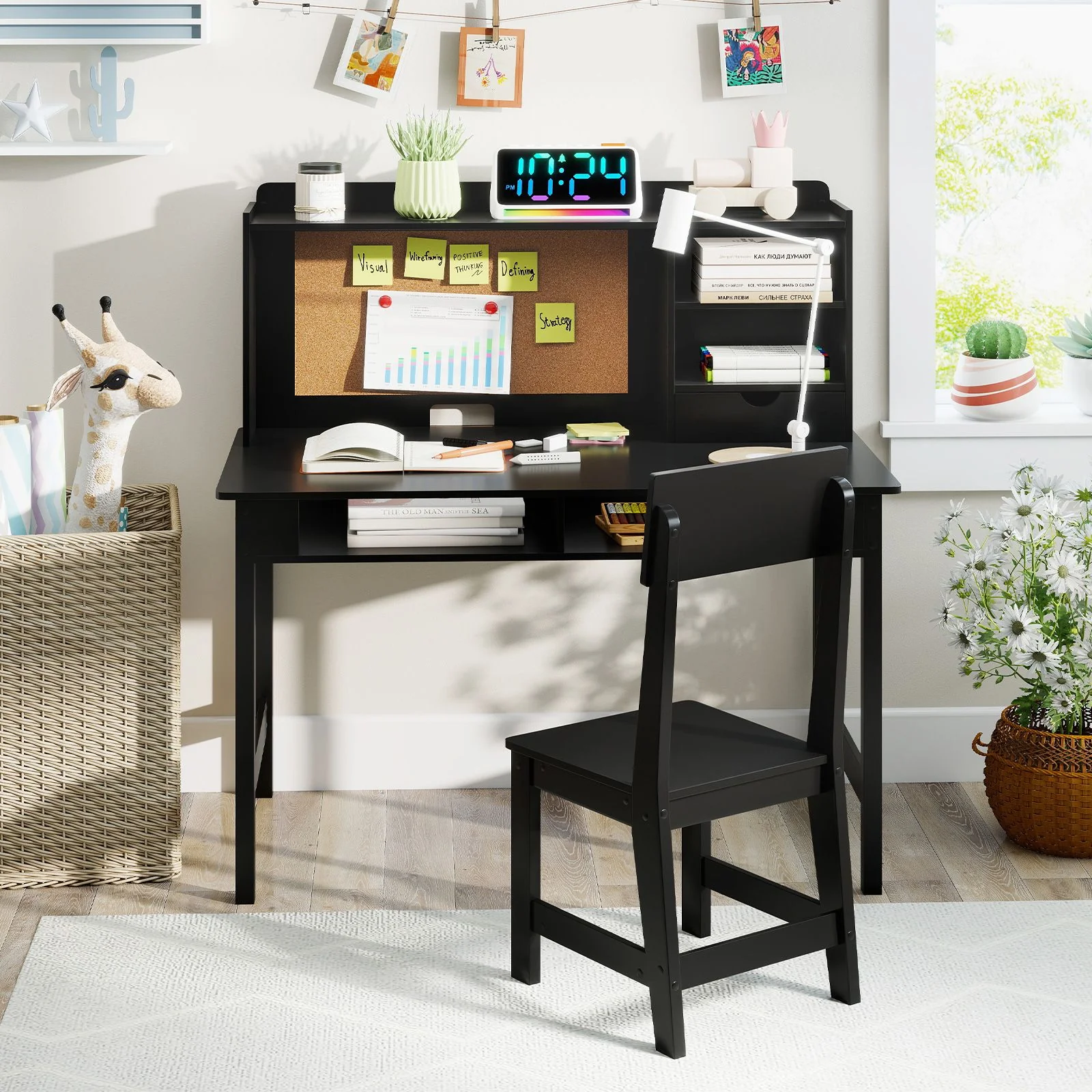 Kids Study Desk and Chair Set Wooden Writing Table with Cork Board and Drawer - Image 2