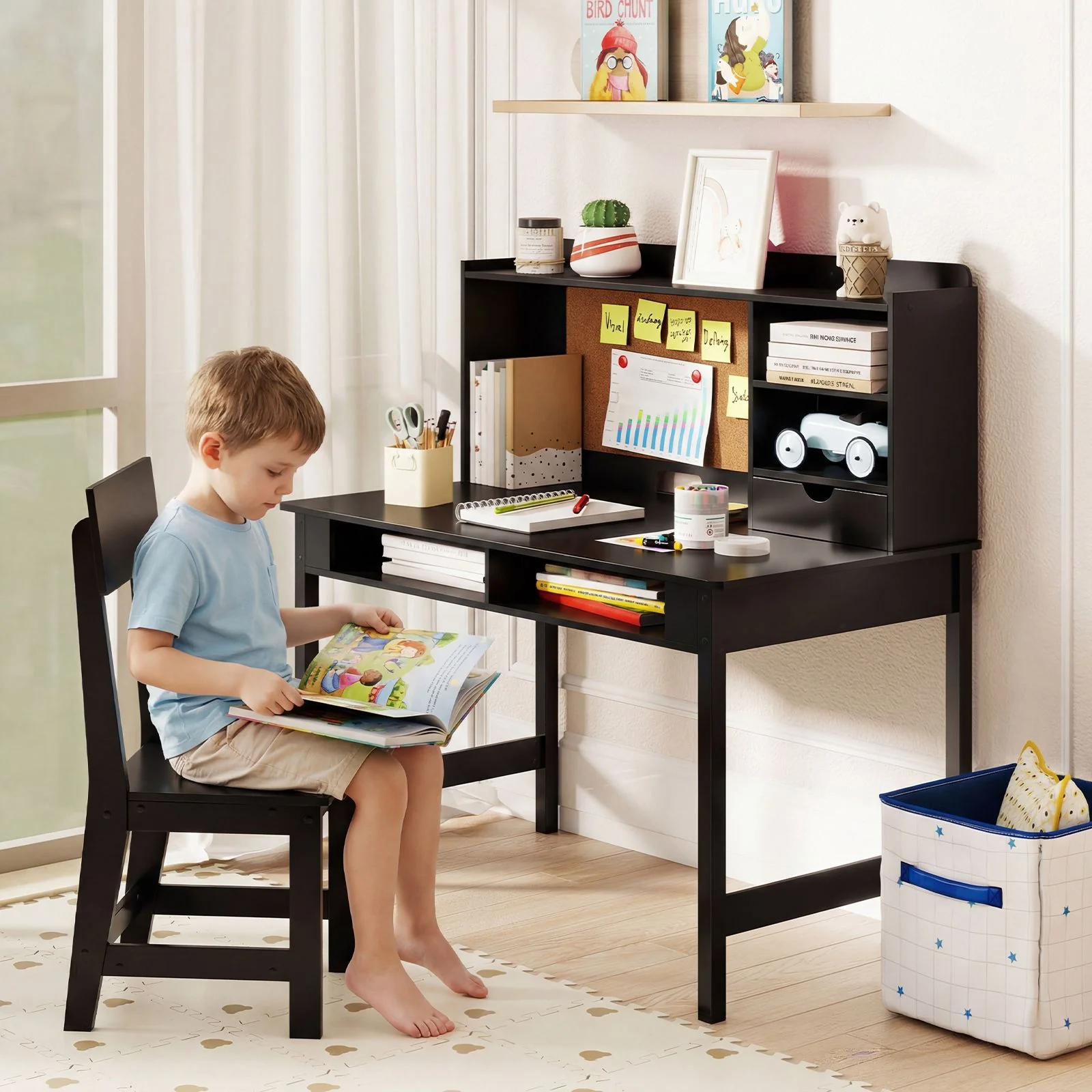 Kids Study Desk and Chair Set Wooden Writing Table with Cork Board and Drawer - Image 3