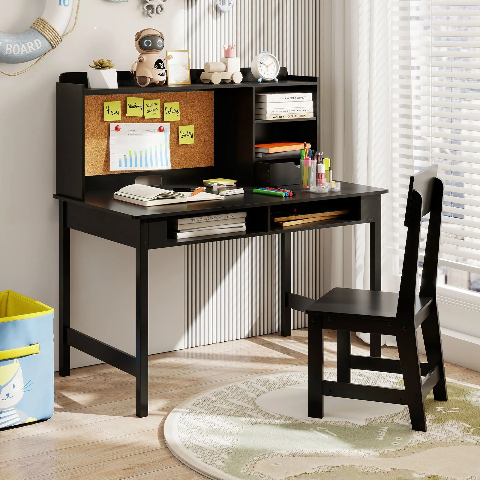 Kids Study Desk and Chair Set Wooden Writing Table with Cork Board and Drawer - Image 4