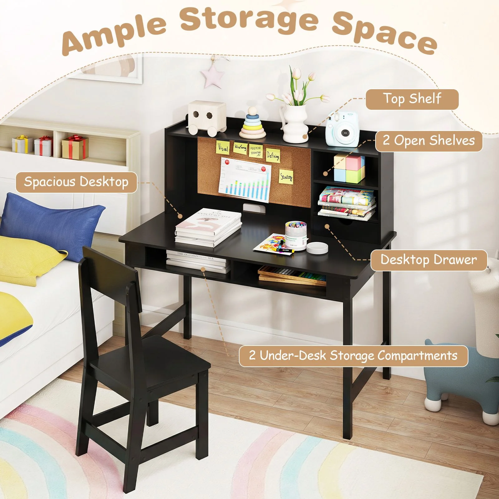 Kids Study Desk and Chair Set Wooden Writing Table with Cork Board and Drawer - Image 5