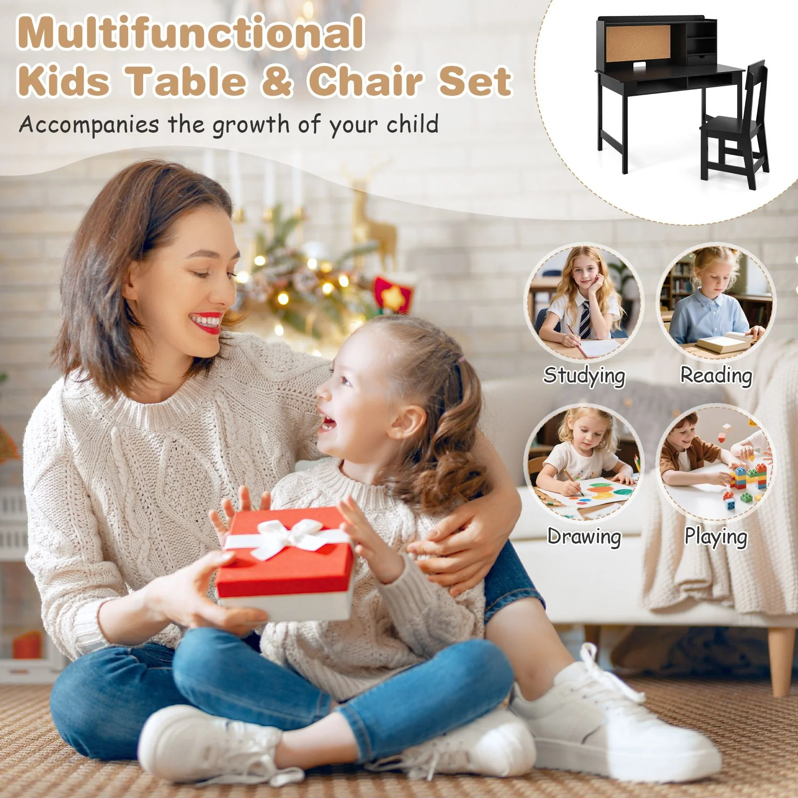 Kids Study Desk and Chair Set Wooden Writing Table with Cork Board and Drawer - Image 6