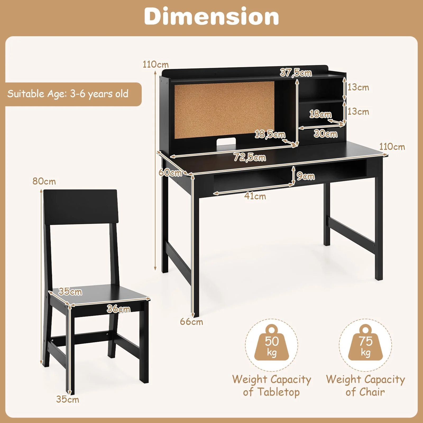 Kids Study Desk and Chair Set Wooden Writing Table with Cork Board and Drawer - Image 7