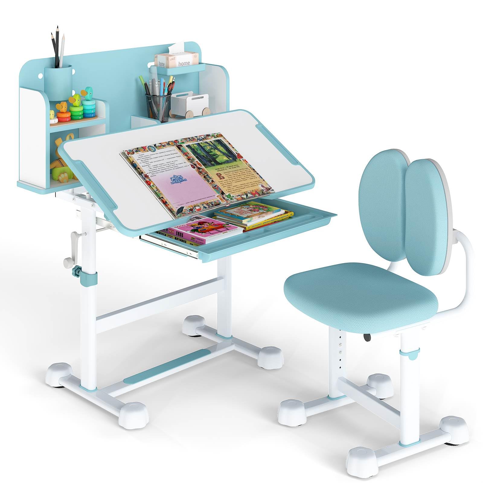 Kids Study Desk & Chair Set, Height-Adjustable Student Writing Table w/Chair