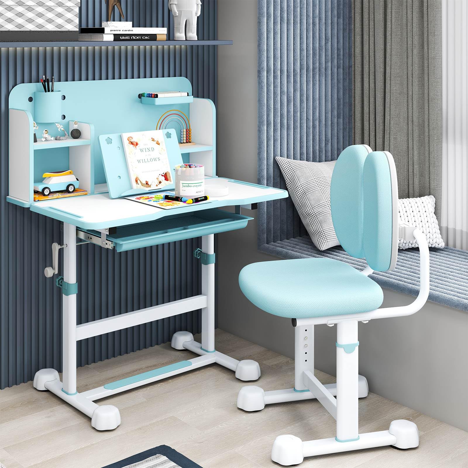 Kids Study Desk & Chair Set, Height-Adjustable Student Writing Table w/Chair - Image 2