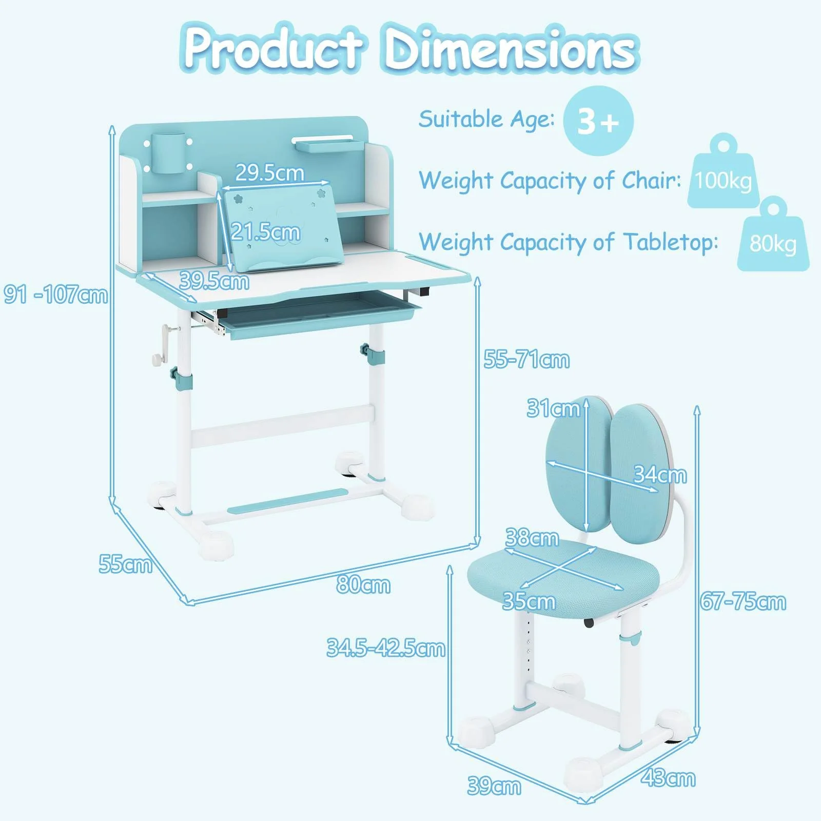 Kids Study Desk & Chair Set, Height-Adjustable Student Writing Table w/Chair - Image 3