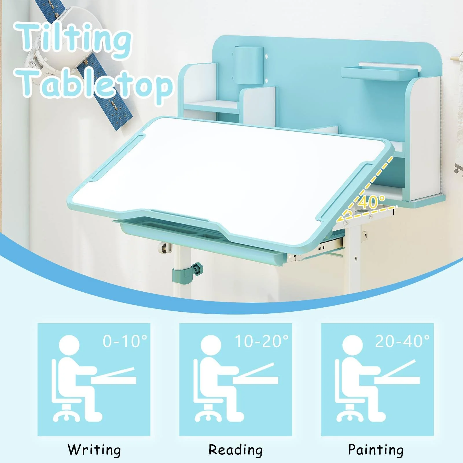 Kids Study Desk & Chair Set, Height-Adjustable Student Writing Table w/Chair - Image 4