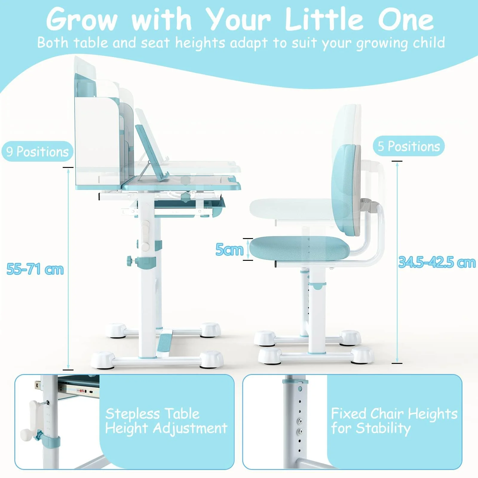 Kids Study Desk & Chair Set, Height-Adjustable Student Writing Table w/Chair - Image 6