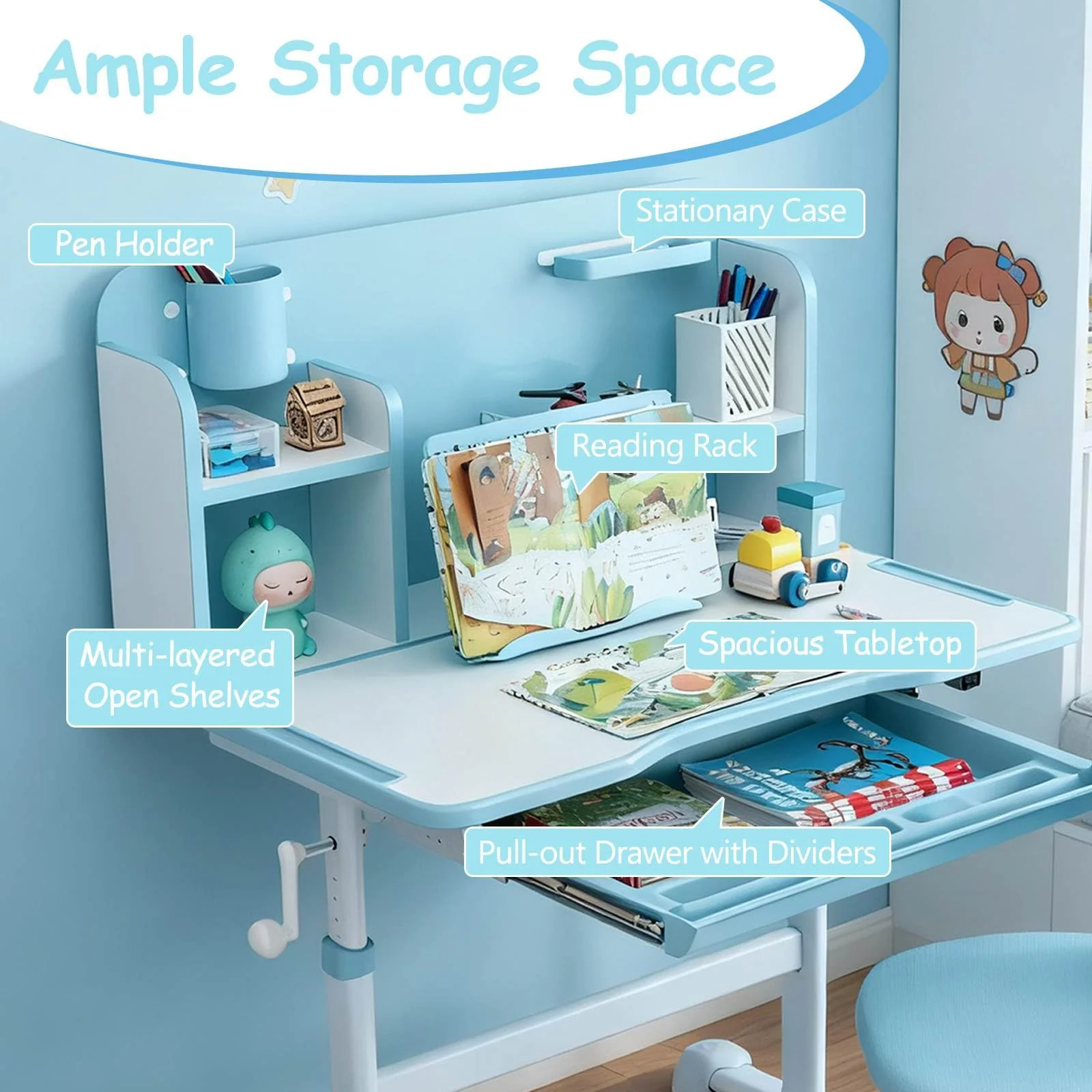 Kids Study Desk & Chair Set, Height-Adjustable Student Writing Table w/Chair - Image 8