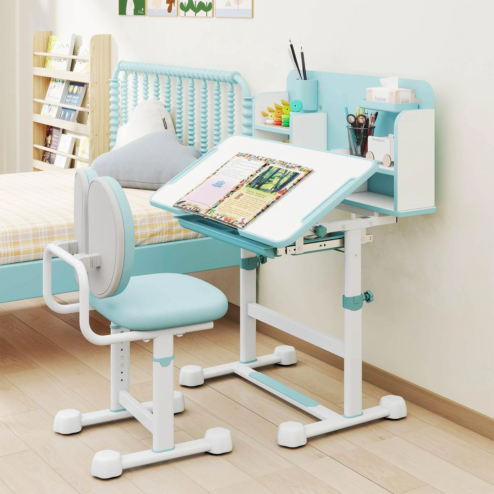 Kids Study Desk & Chair Set, Height-Adjustable Student Writing Table w/Chair - Image 9