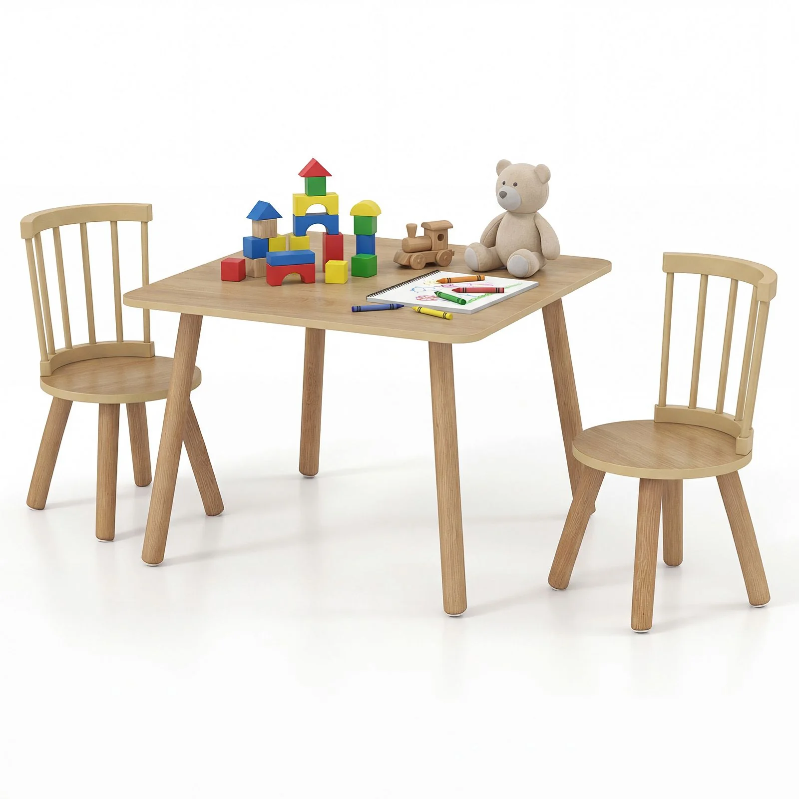 Kids Table and 2 Chairs Set Wooden Activity Table with Curved Spindle Back