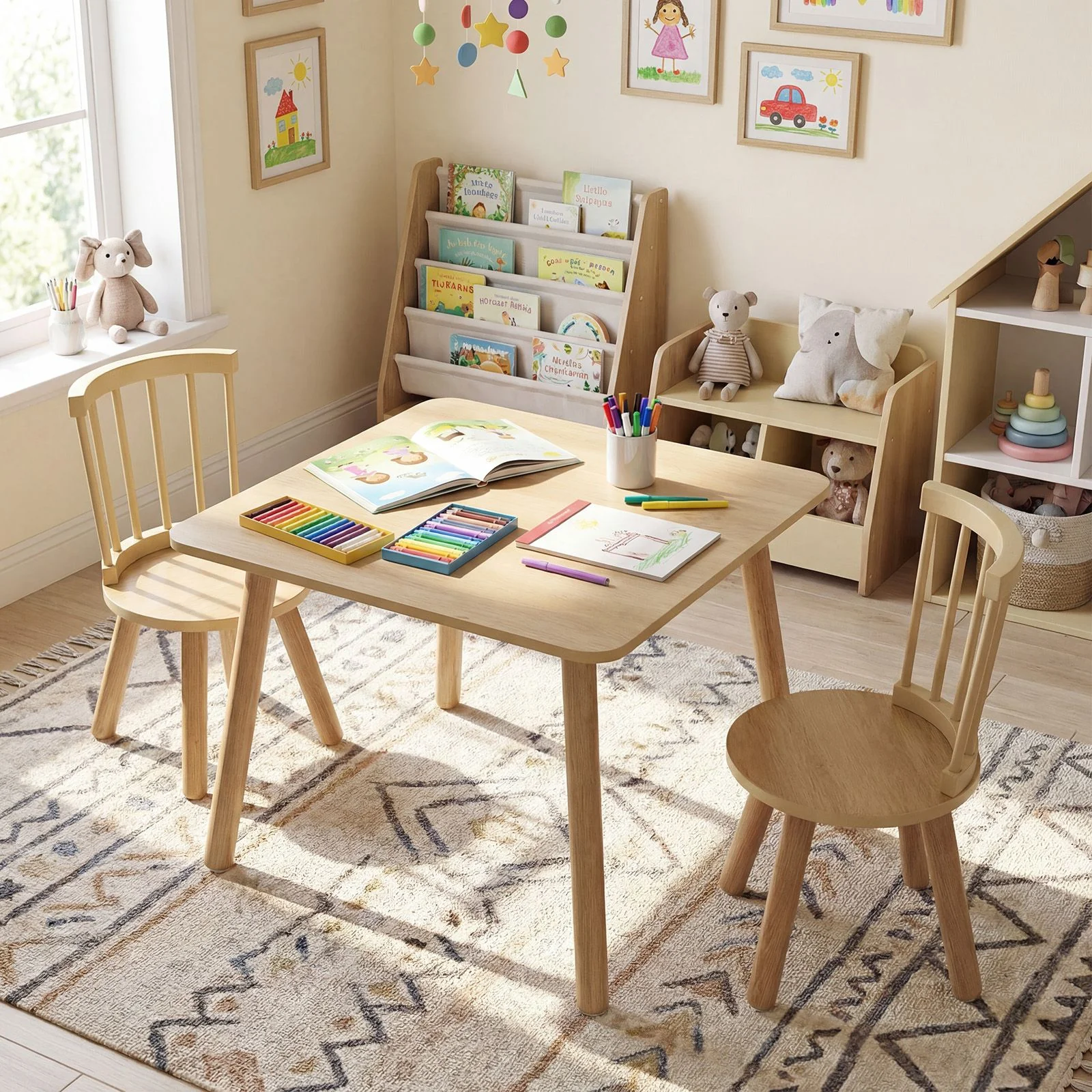 Kids Table and 2 Chairs Set Wooden Activity Table with Curved Spindle Back - Image 2