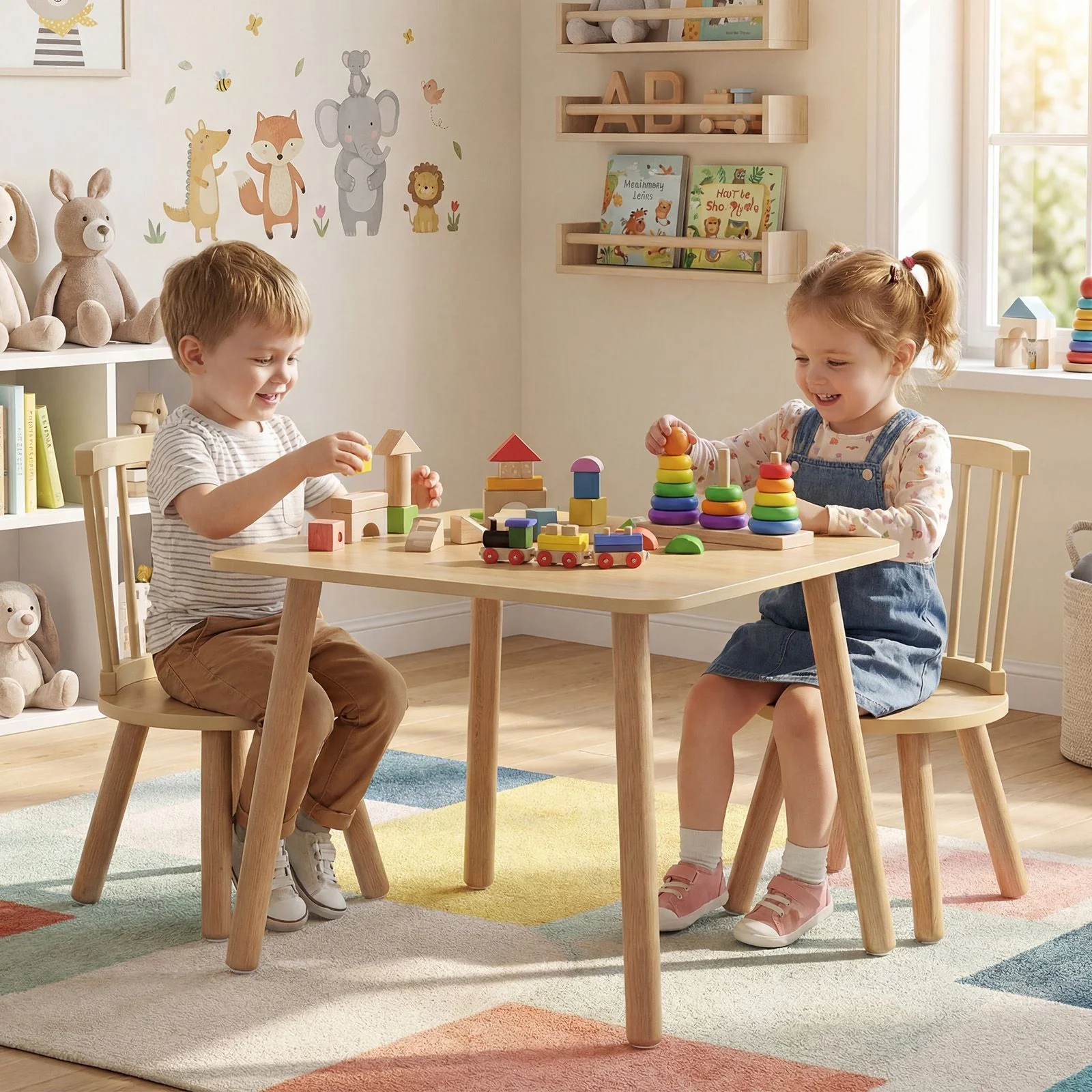 Kids Table and 2 Chairs Set Wooden Activity Table with Curved Spindle Back - Image 3
