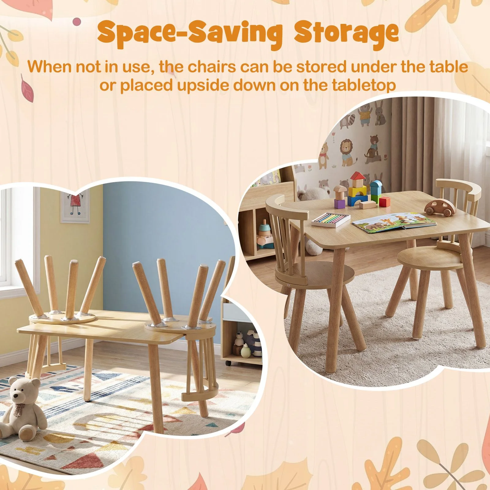 Kids Table and 2 Chairs Set Wooden Activity Table with Curved Spindle Back - Image 4