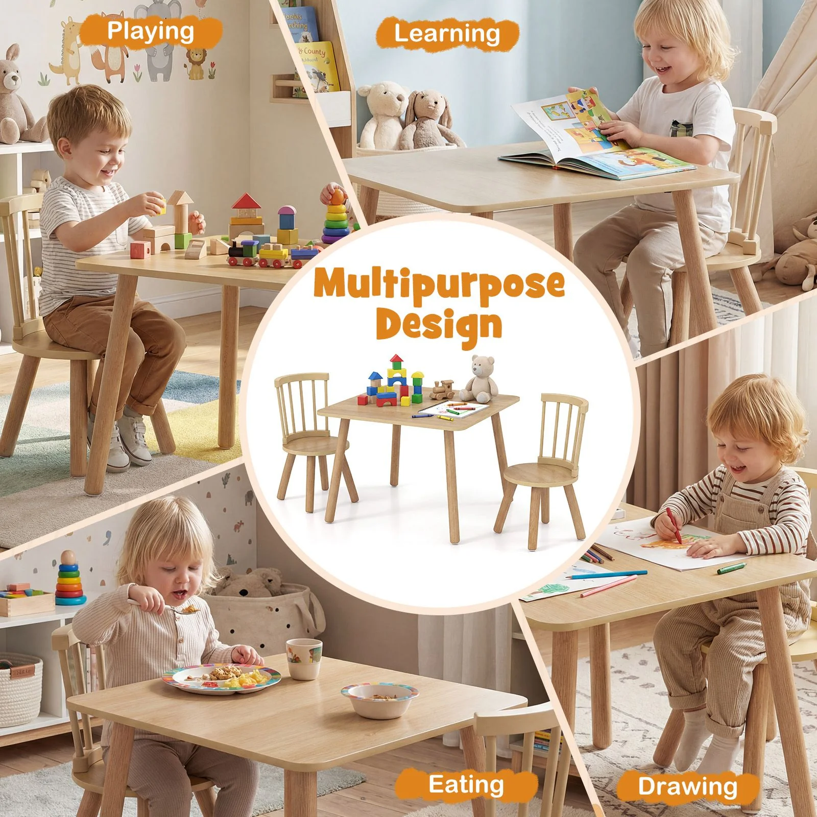 Kids Table and 2 Chairs Set Wooden Activity Table with Curved Spindle Back - Image 5