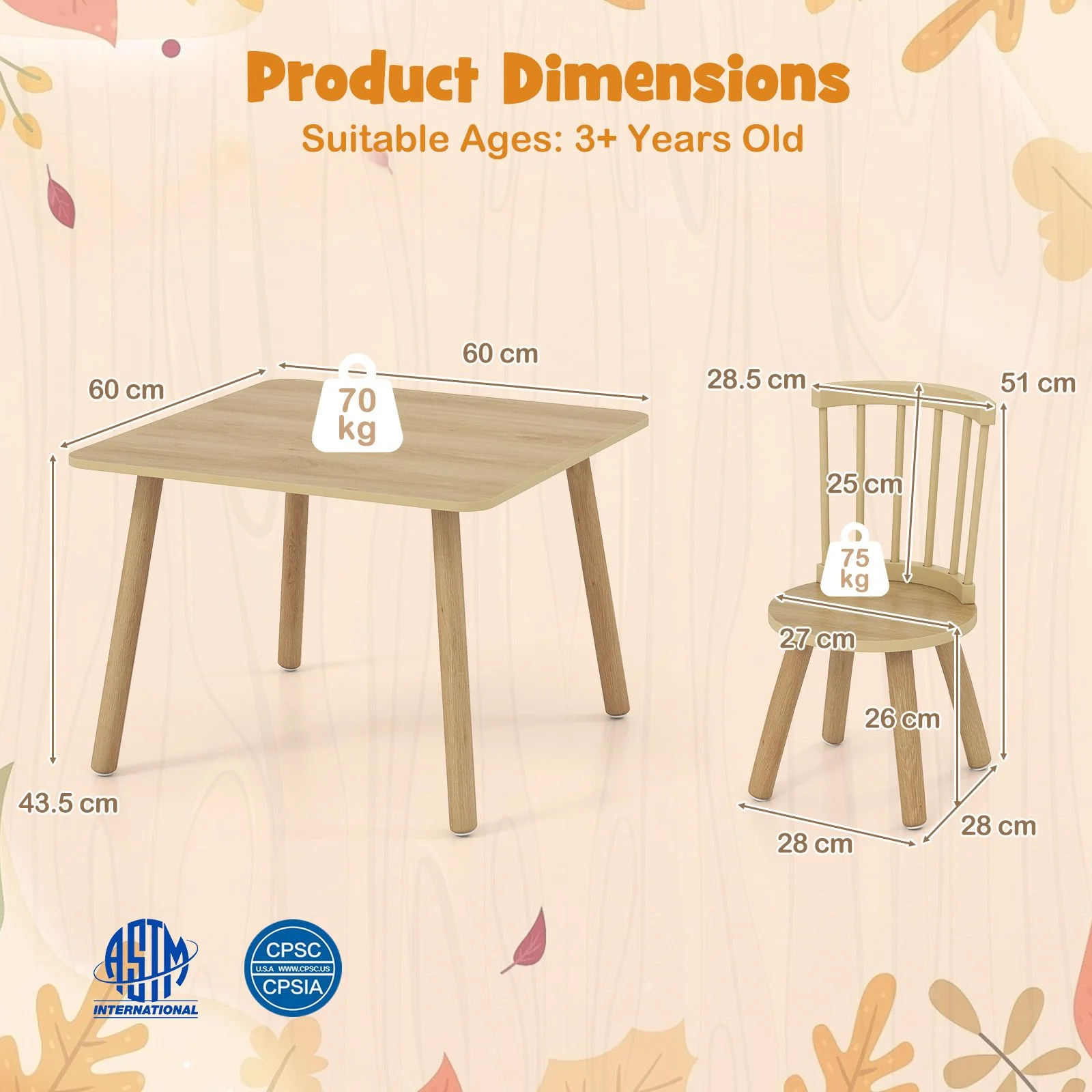 Kids Table and 2 Chairs Set Wooden Activity Table with Curved Spindle Back - Image 6