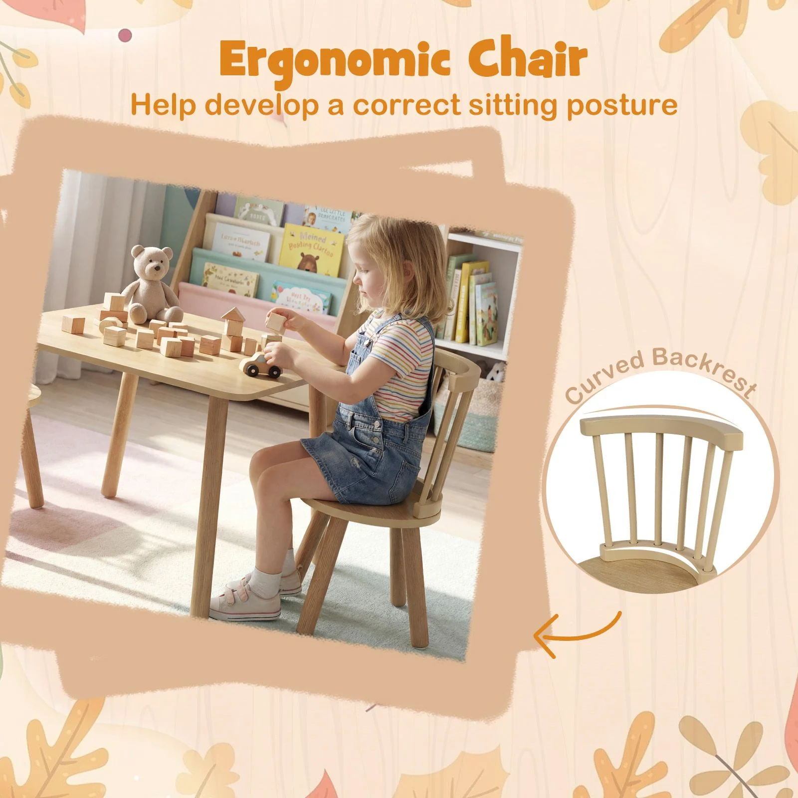 Kids Table and 2 Chairs Set Wooden Activity Table with Curved Spindle Back - Image 7