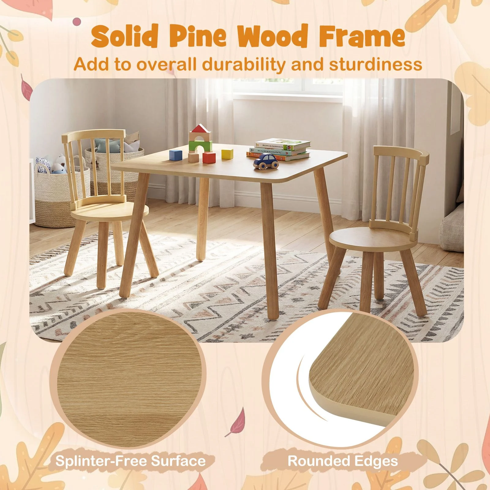 Kids Table and 2 Chairs Set Wooden Activity Table with Curved Spindle Back - Image 8