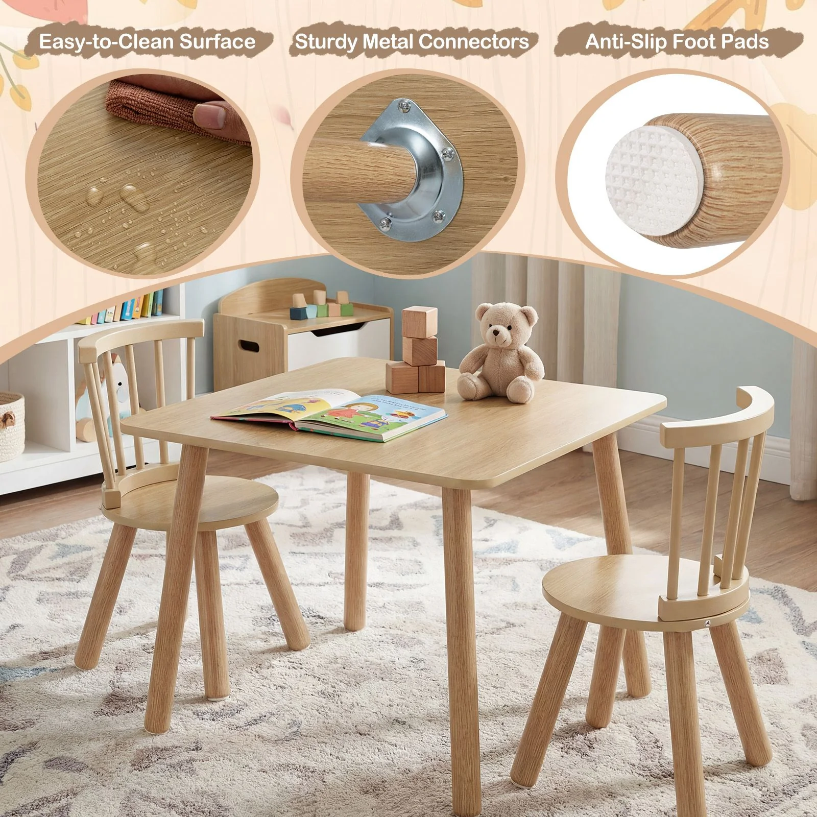 Kids Table and 2 Chairs Set Wooden Activity Table with Curved Spindle Back - Image 9