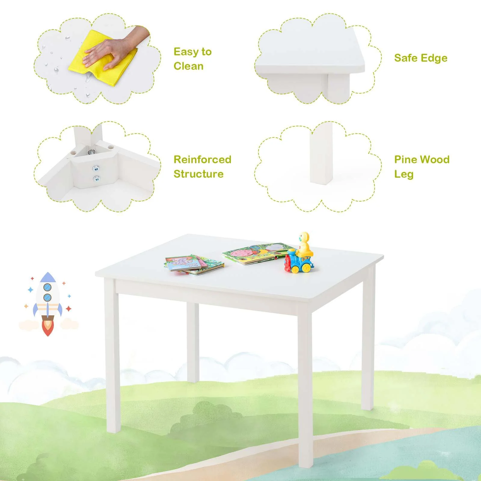Kids Table and 4 Chairs Set 5 Pieces Wooden Activity Desk for Drawing Reading - Image 10