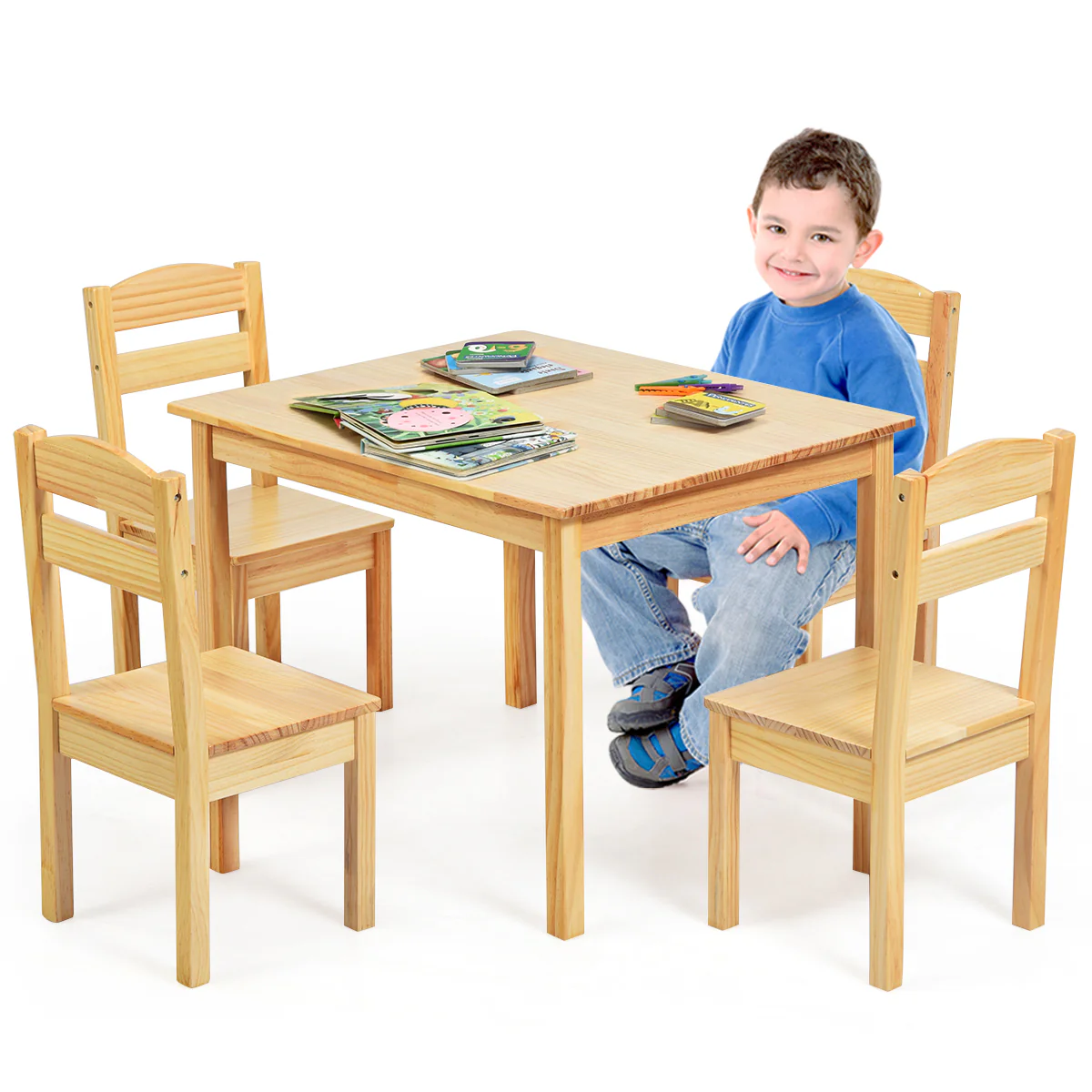 Kids Table and 4 Chairs Set 5 Pieces Wooden Activity Desk for Drawing Reading - Image 11