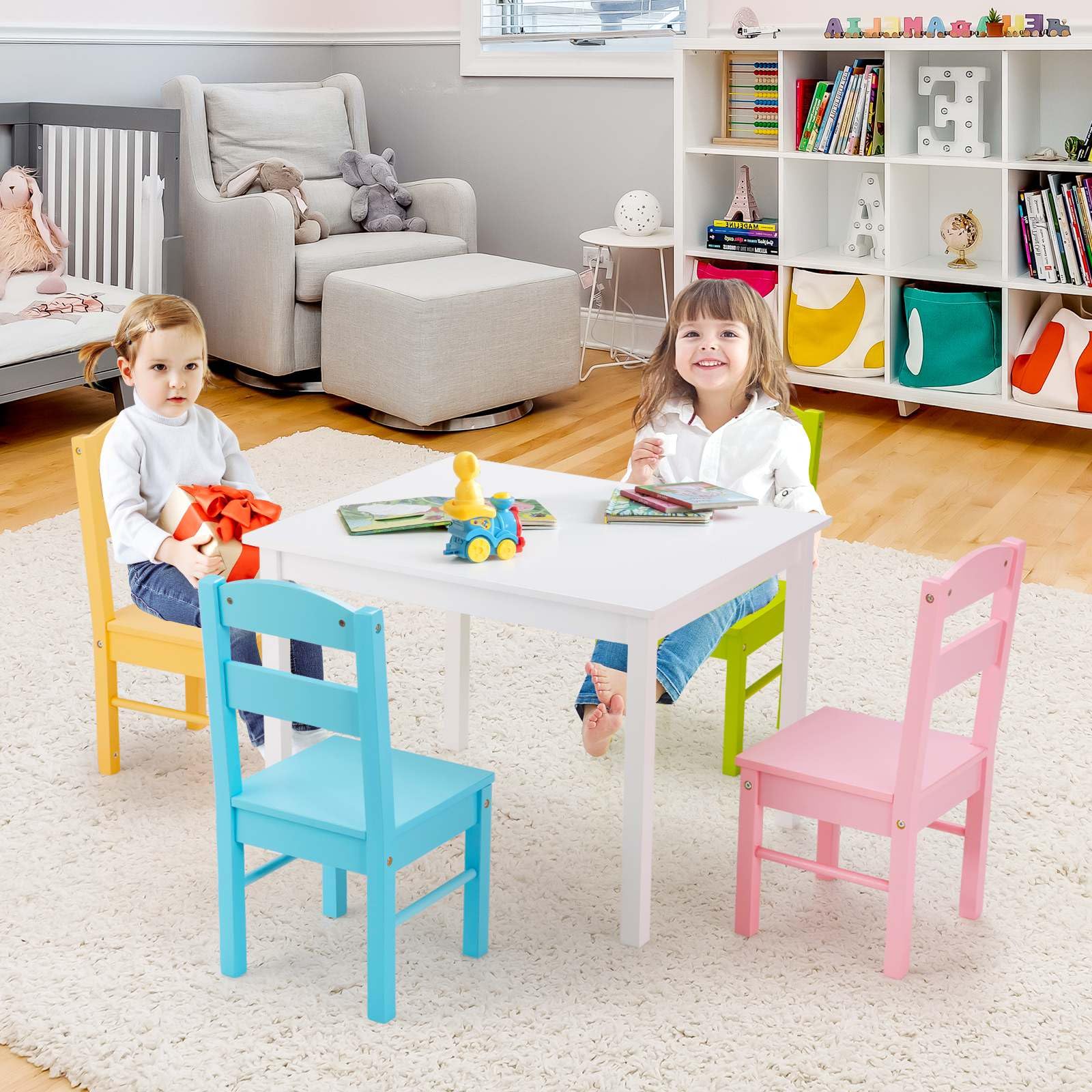 Kids Table and 4 Chairs Set 5 Pieces Wooden Activity Desk for Drawing Reading - Image 2