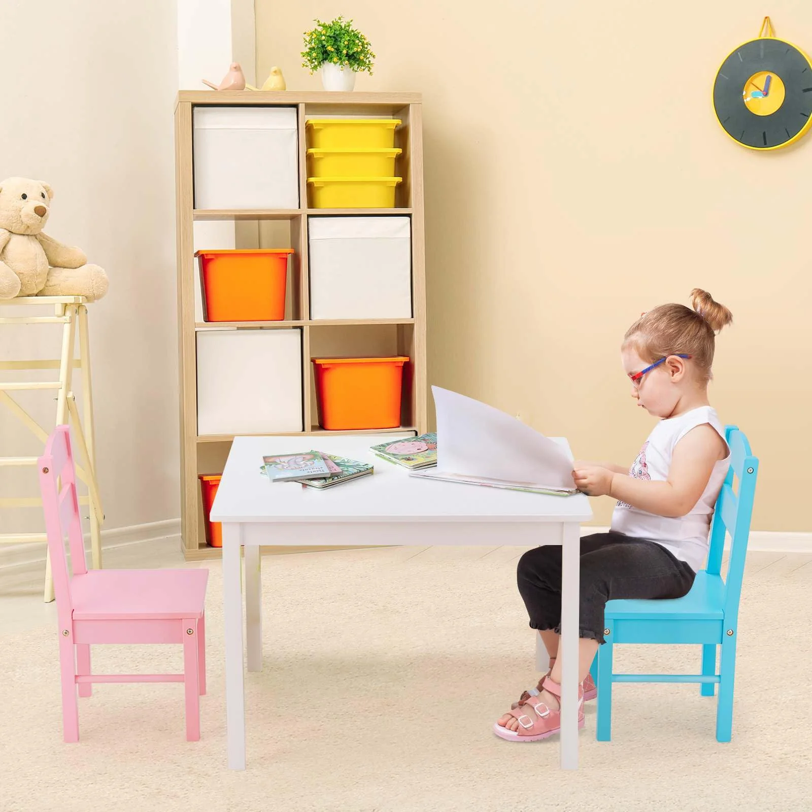 Kids Table and 4 Chairs Set 5 Pieces Wooden Activity Desk for Drawing Reading - Image 3