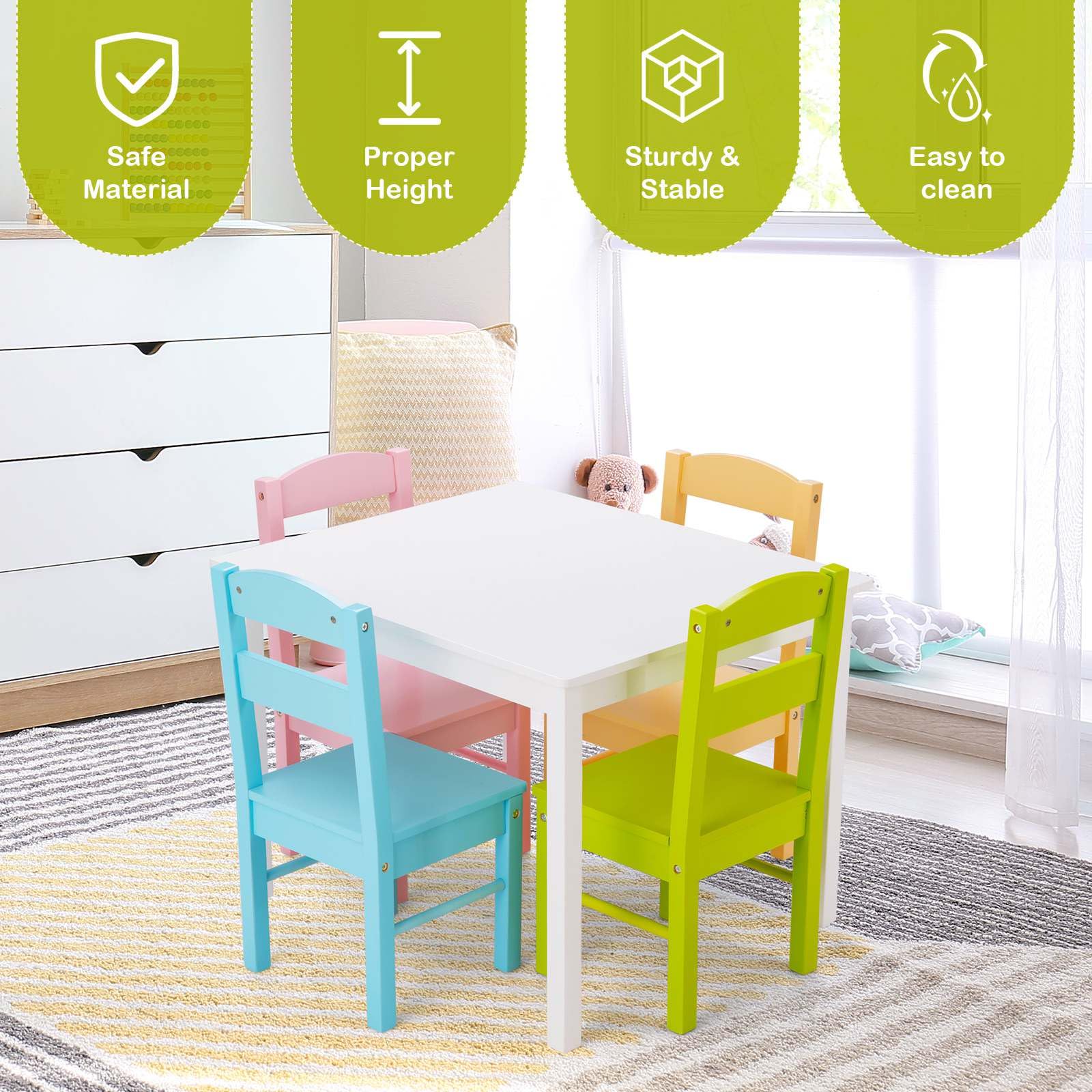 Kids Table and 4 Chairs Set 5 Pieces Wooden Activity Desk for Drawing Reading - Image 5