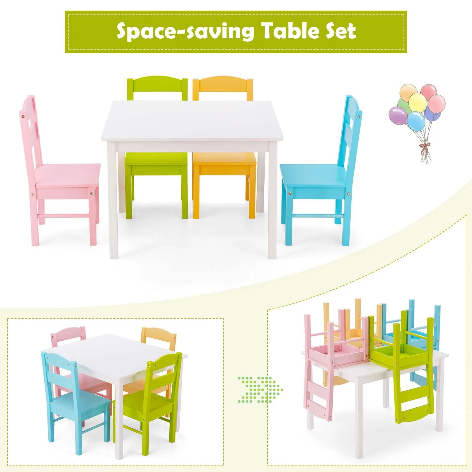 Kids Table and 4 Chairs Set 5 Pieces Wooden Activity Desk for Drawing Reading - Image 7
