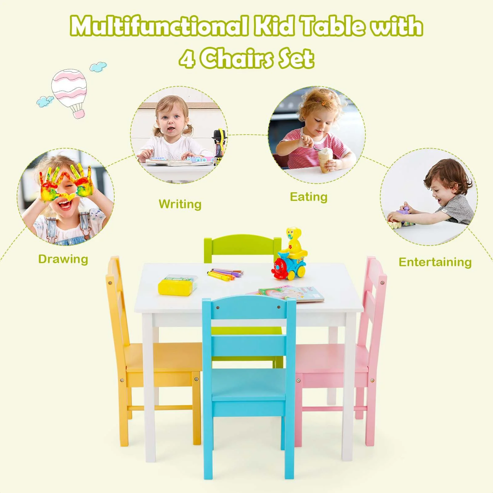 Kids Table and 4 Chairs Set 5 Pieces Wooden Activity Desk for Drawing Reading - Image 8
