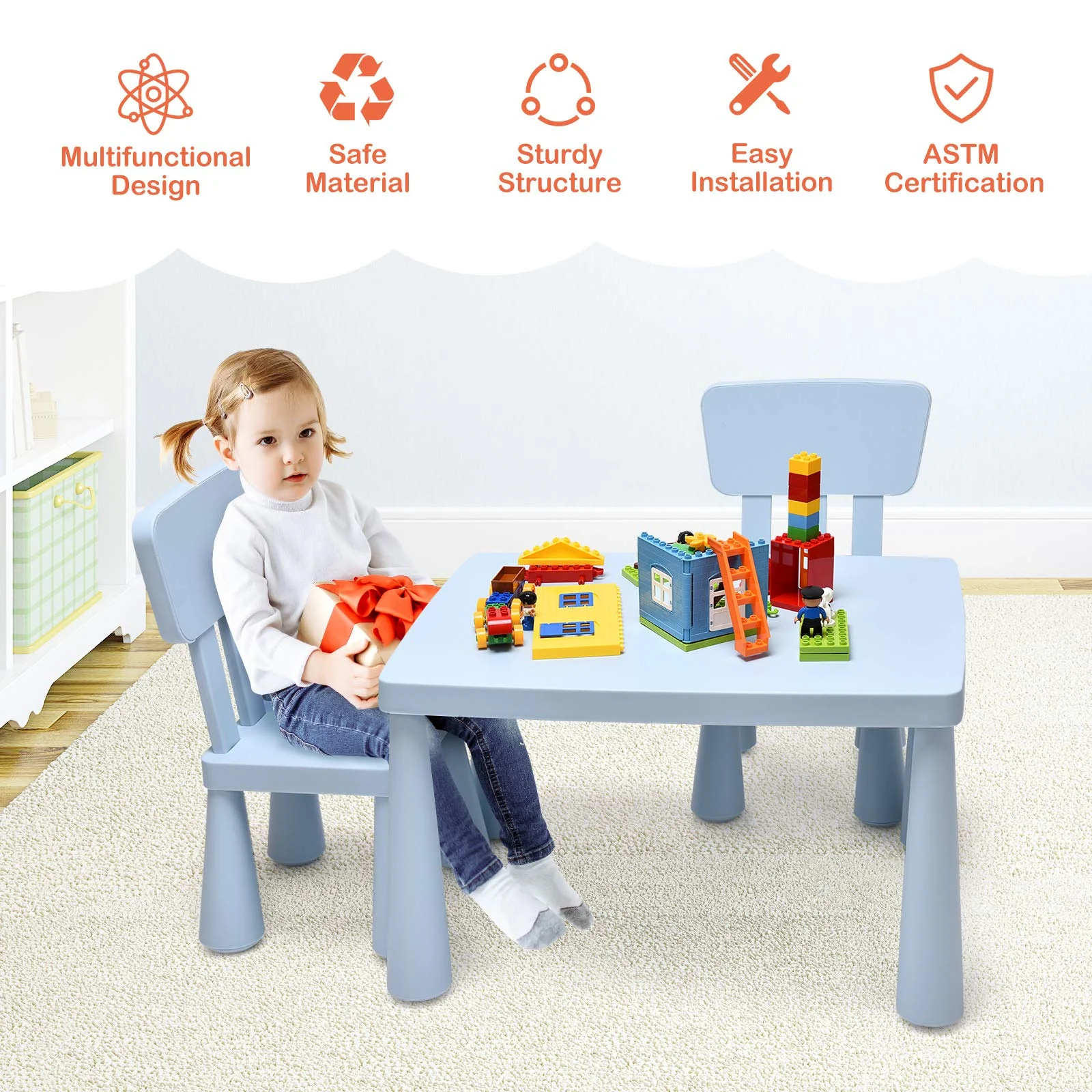 BABY JOY Kids Table and Chair Set, 3 Piece Children Activity Table for Reading, Drawing, Writing - Image 4