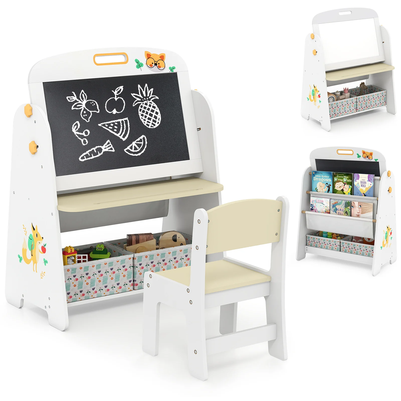 Kids Table and Chair Set, 4-in-1 Art Easel and Bookshelf