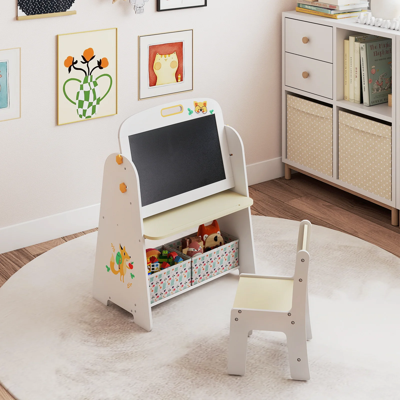 Kids Table and Chair Set, 4-in-1 Art Easel and Bookshelf - Image 2