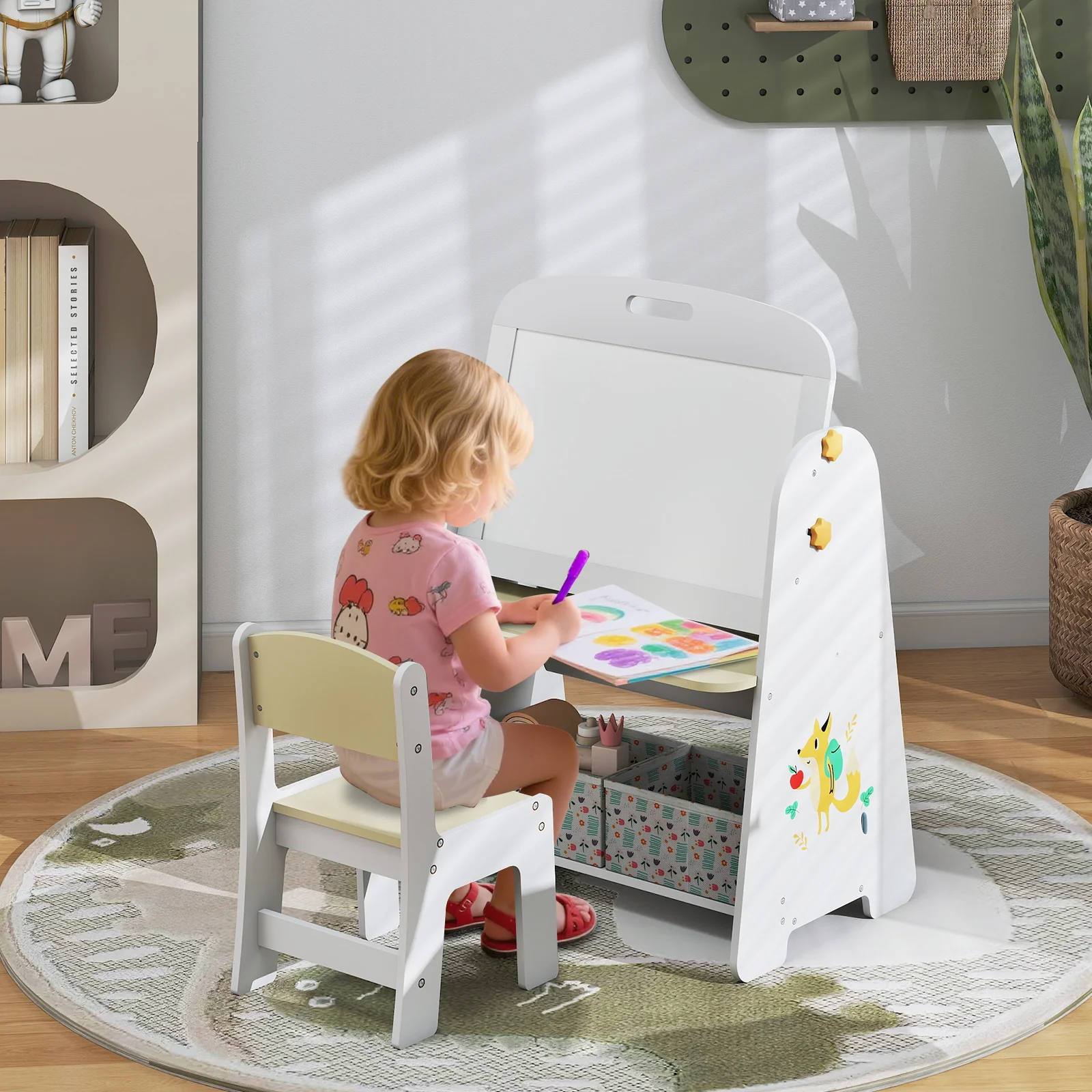 Kids Table and Chair Set, 4-in-1 Art Easel and Bookshelf - Image 4