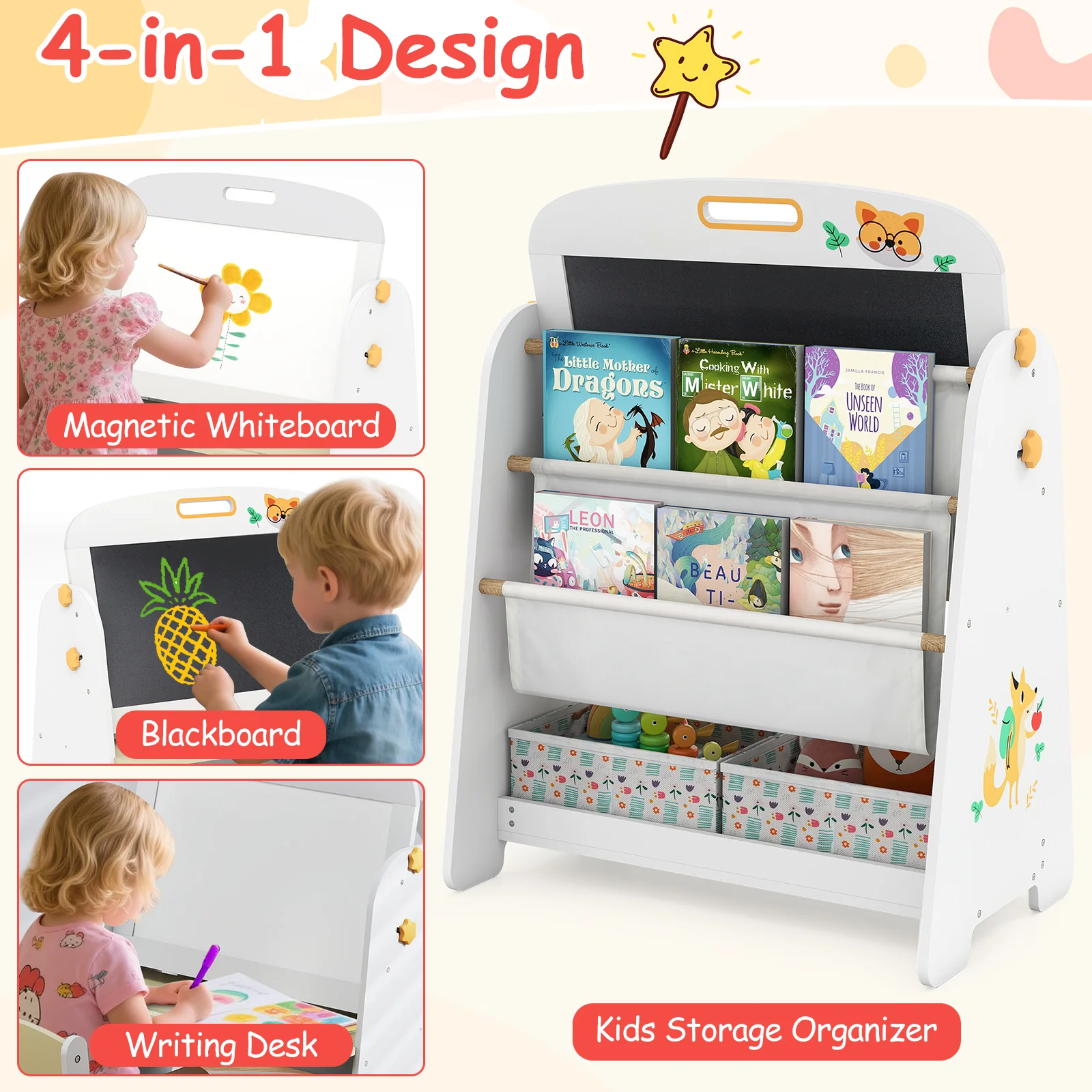 Kids Table and Chair Set, 4-in-1 Art Easel and Bookshelf - Image 6