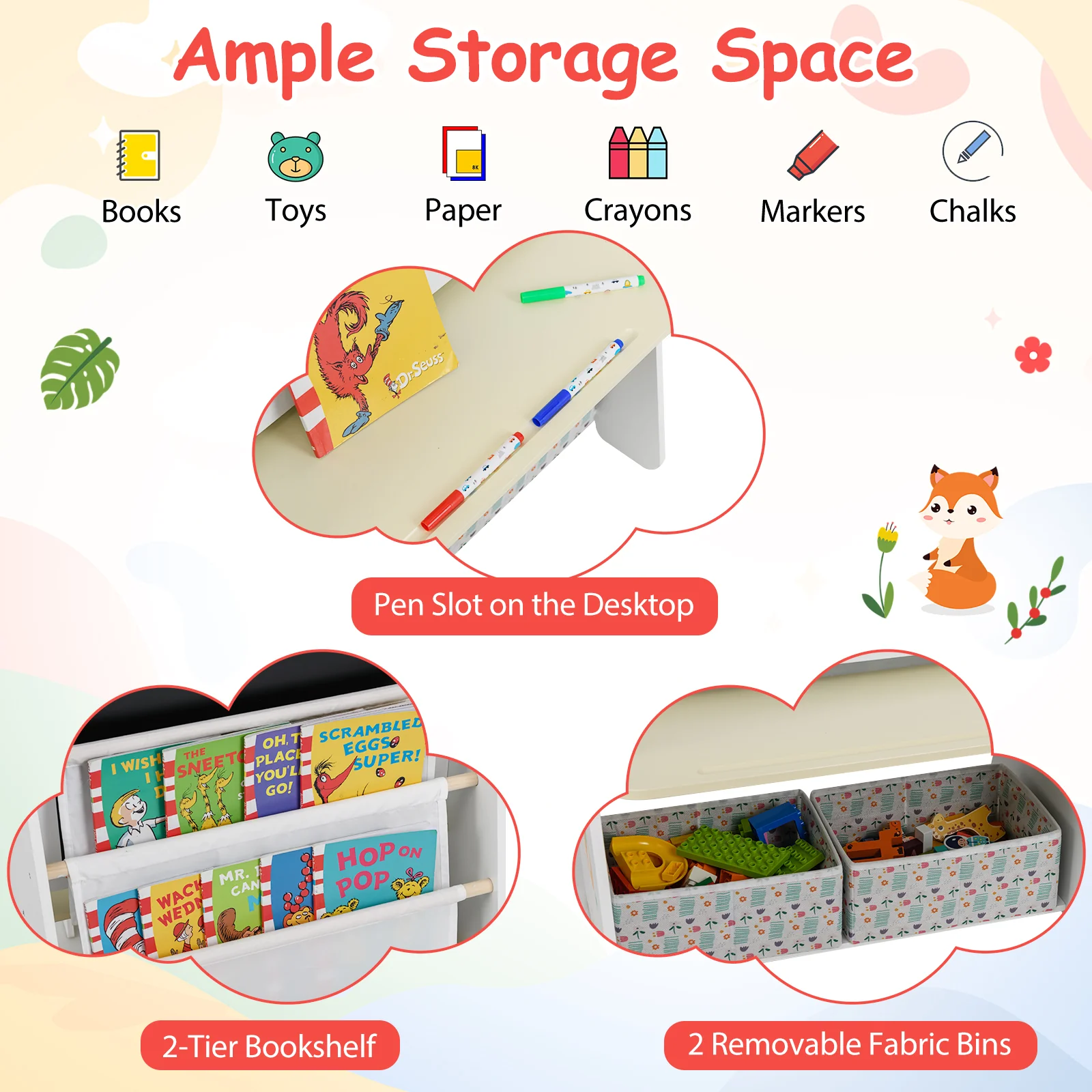 Kids Table and Chair Set, 4-in-1 Art Easel and Bookshelf - Image 8