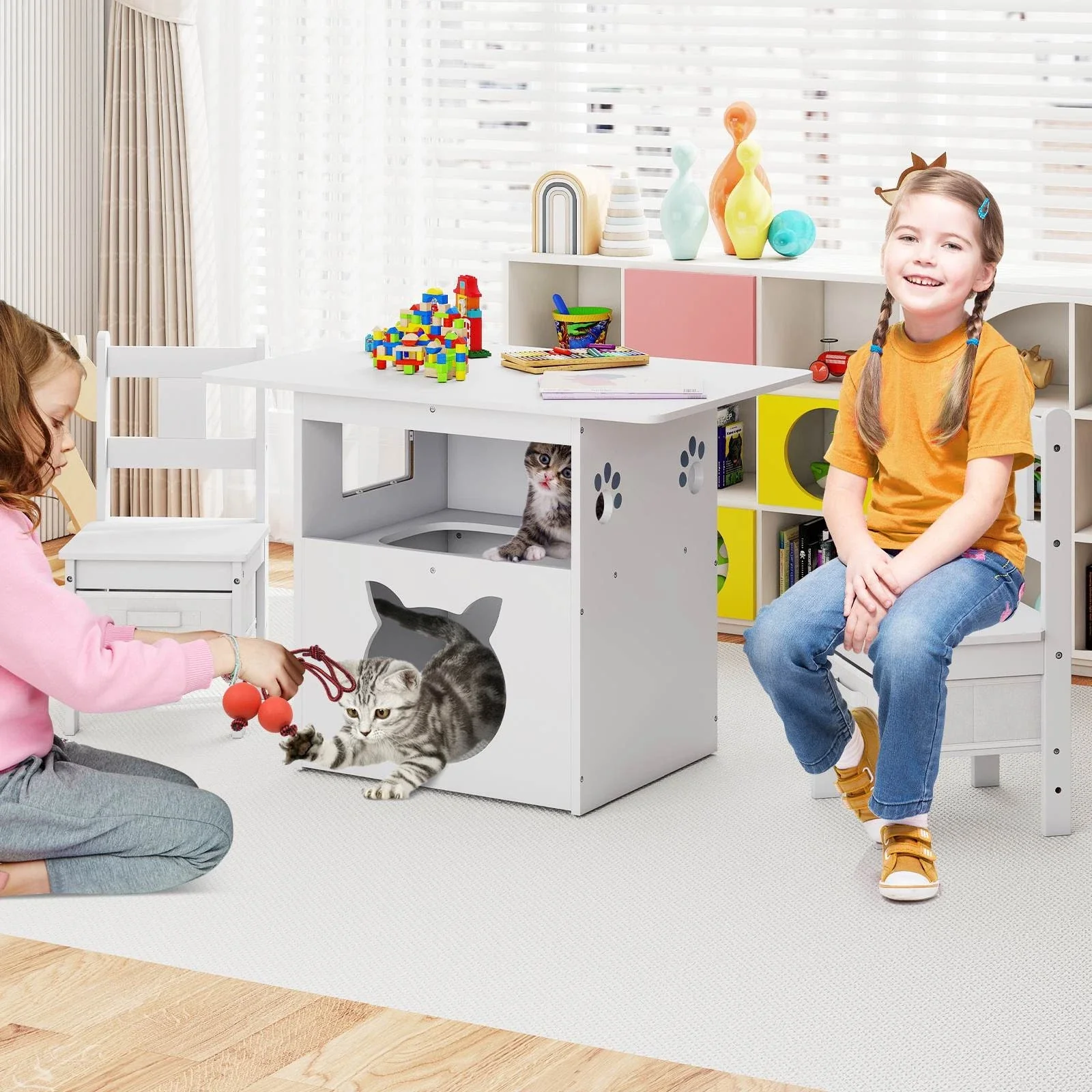 Kids Table and Chairs Set 3 Pieces Wooden Children Furniture Desk with Cat House - Image 2